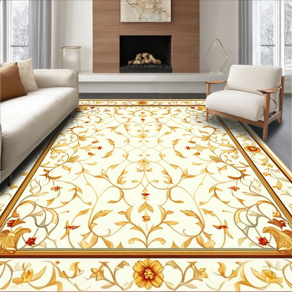 Golden Floral Swirls Accents Rug