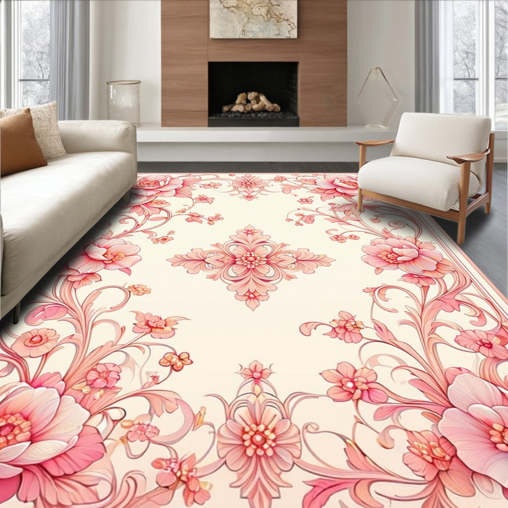 Pink Floral Scrollwork Pattern Design Rug