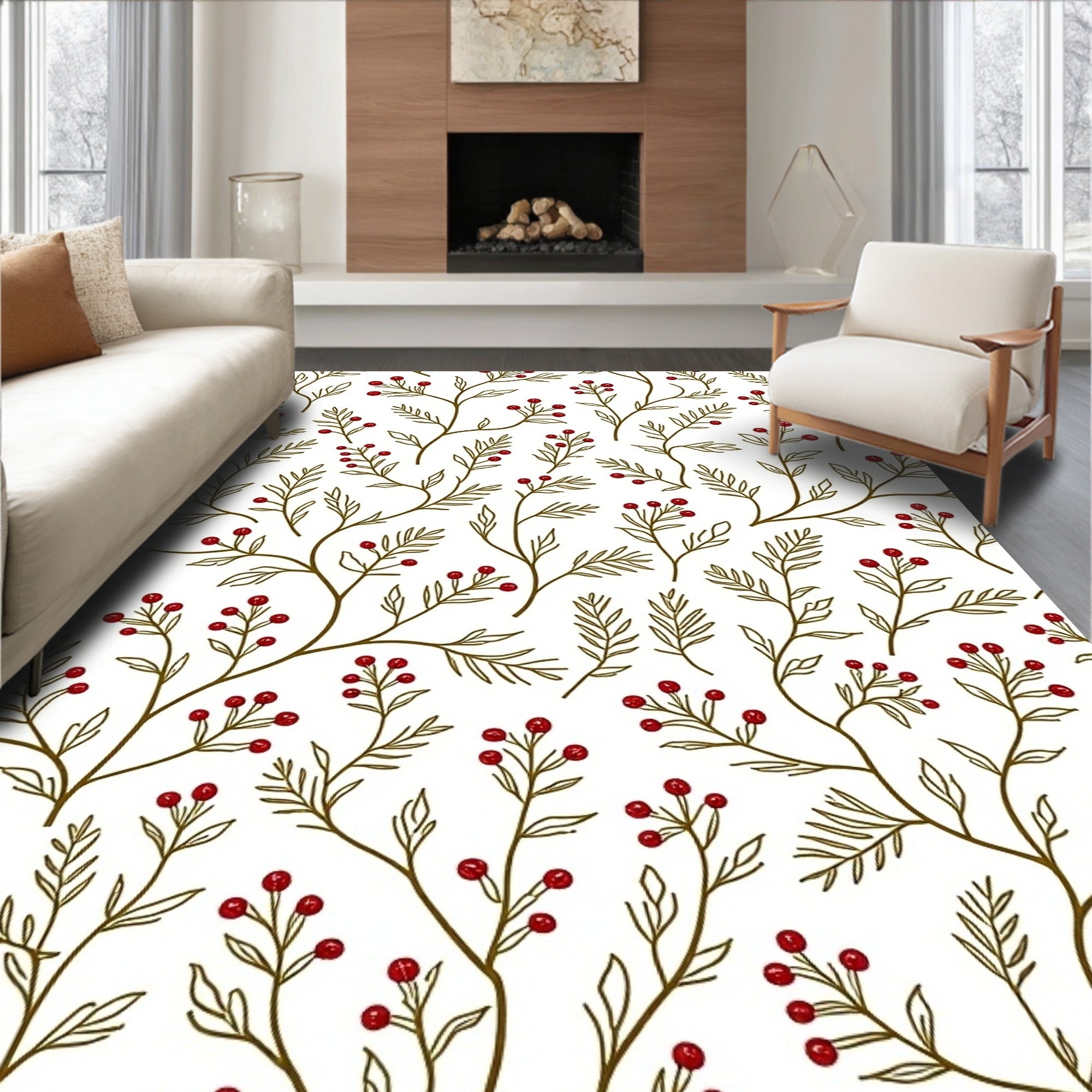 Elegant Red Berry Vine Illustration Rug