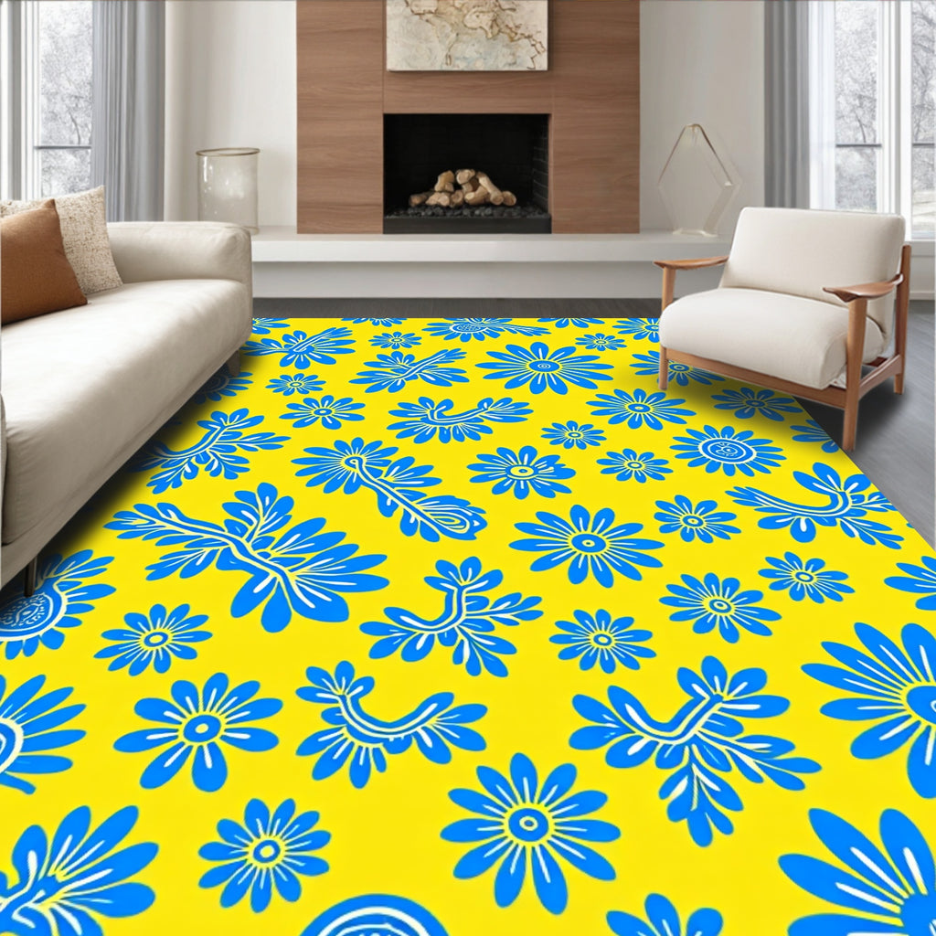 Bright Blue Floral Pattern Design Rug