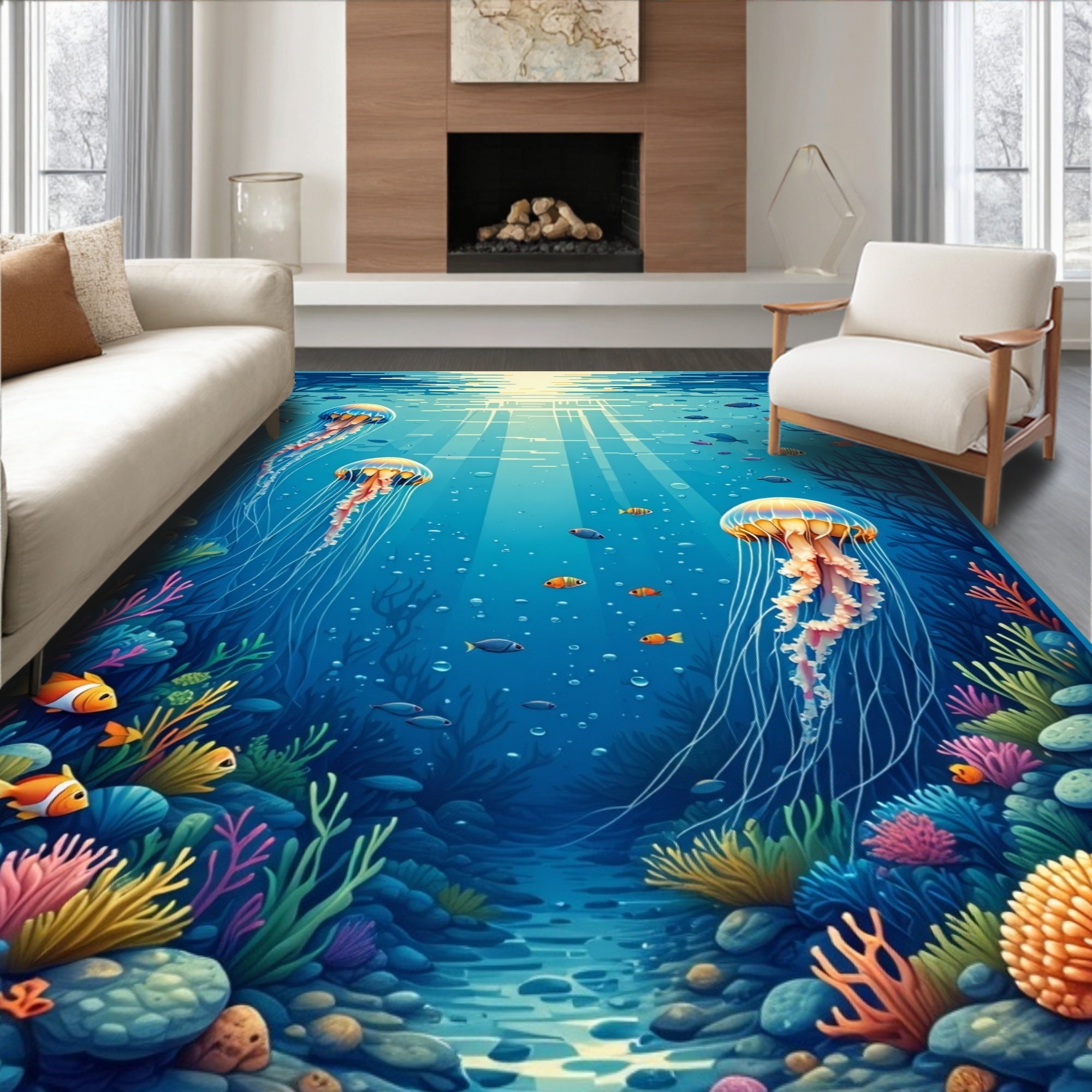 Underwater Jellyfish Coral Reef Scene Rug
