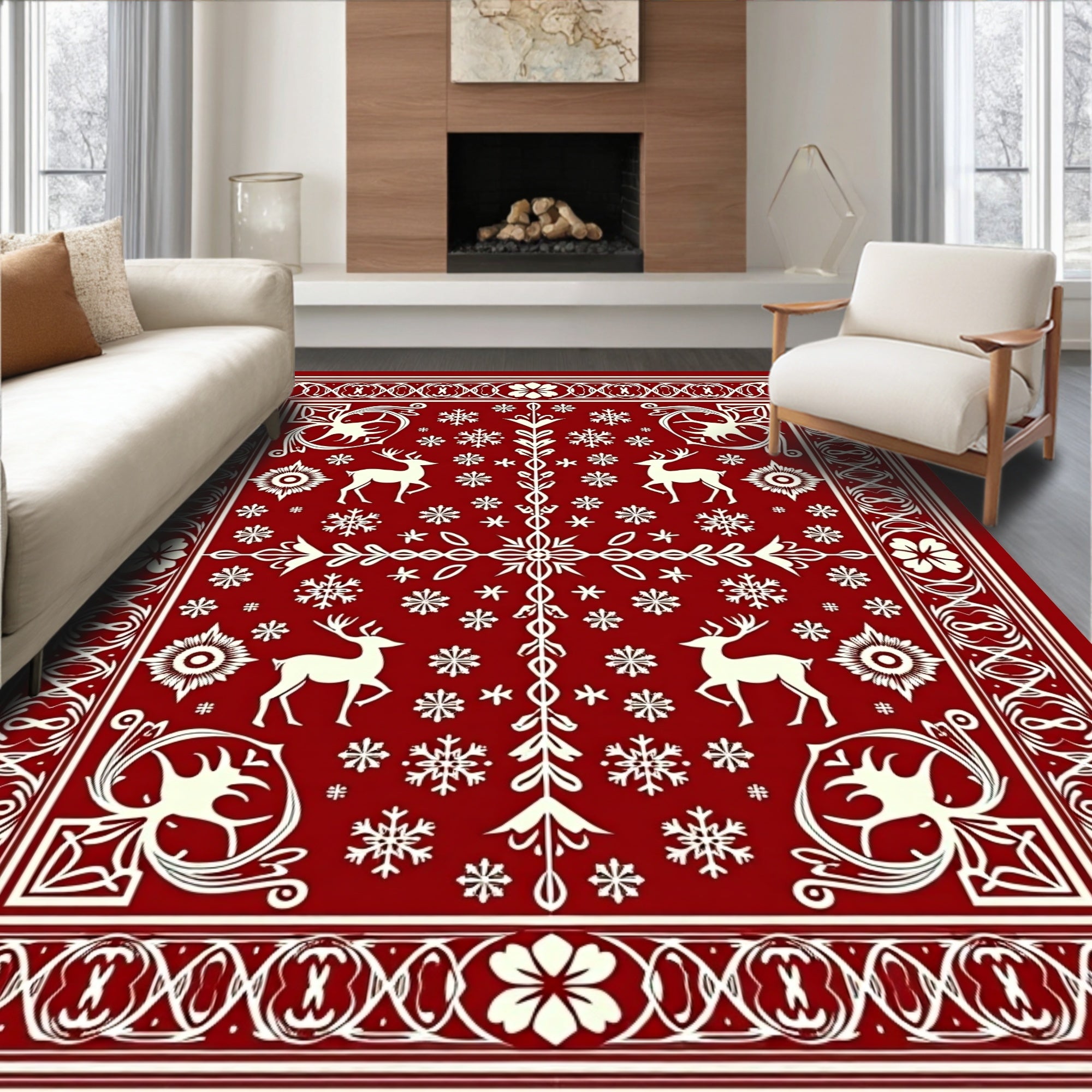 Crimson Deer Snowflake Forest Border Rug