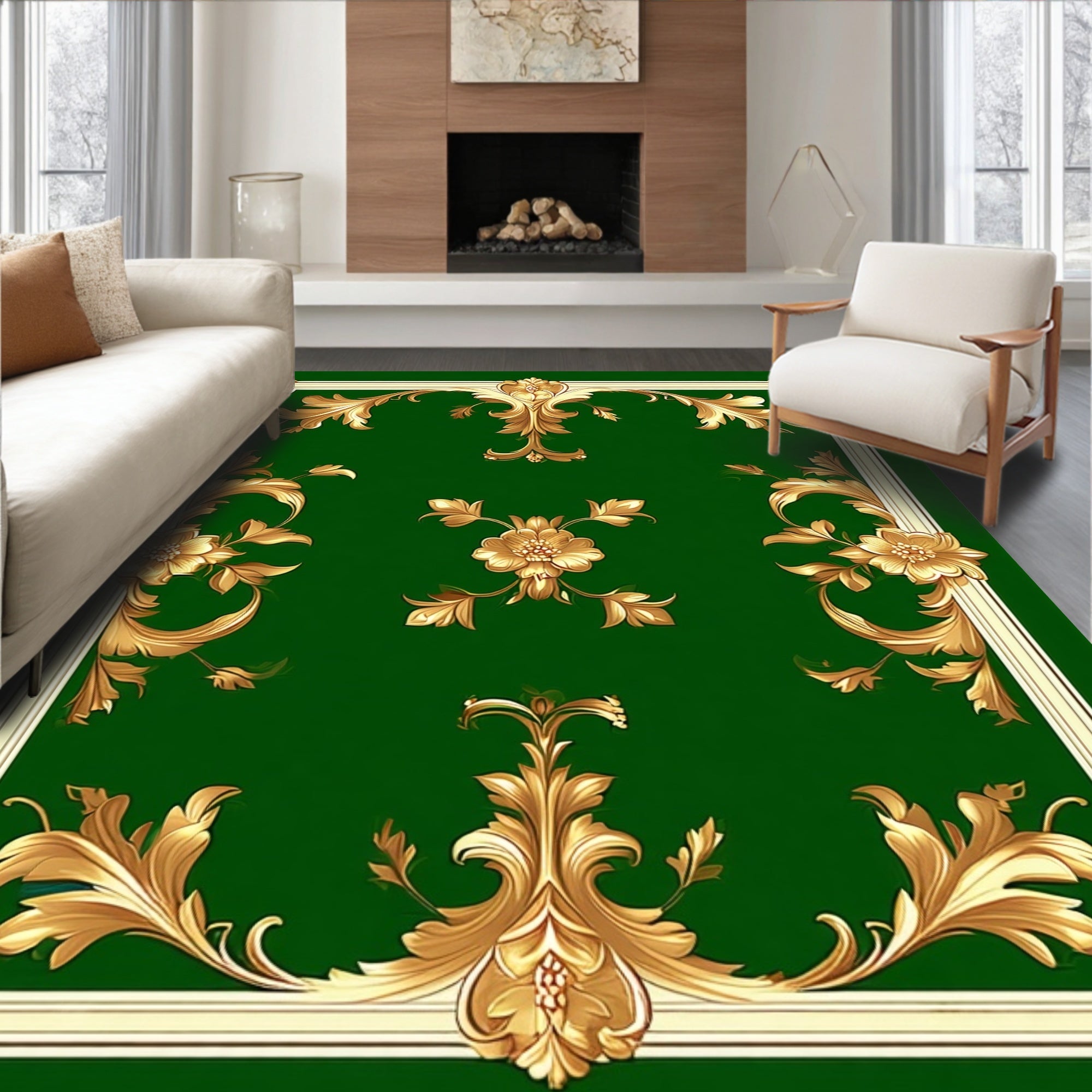 Green Gold Ornate Floral Scroll Rug