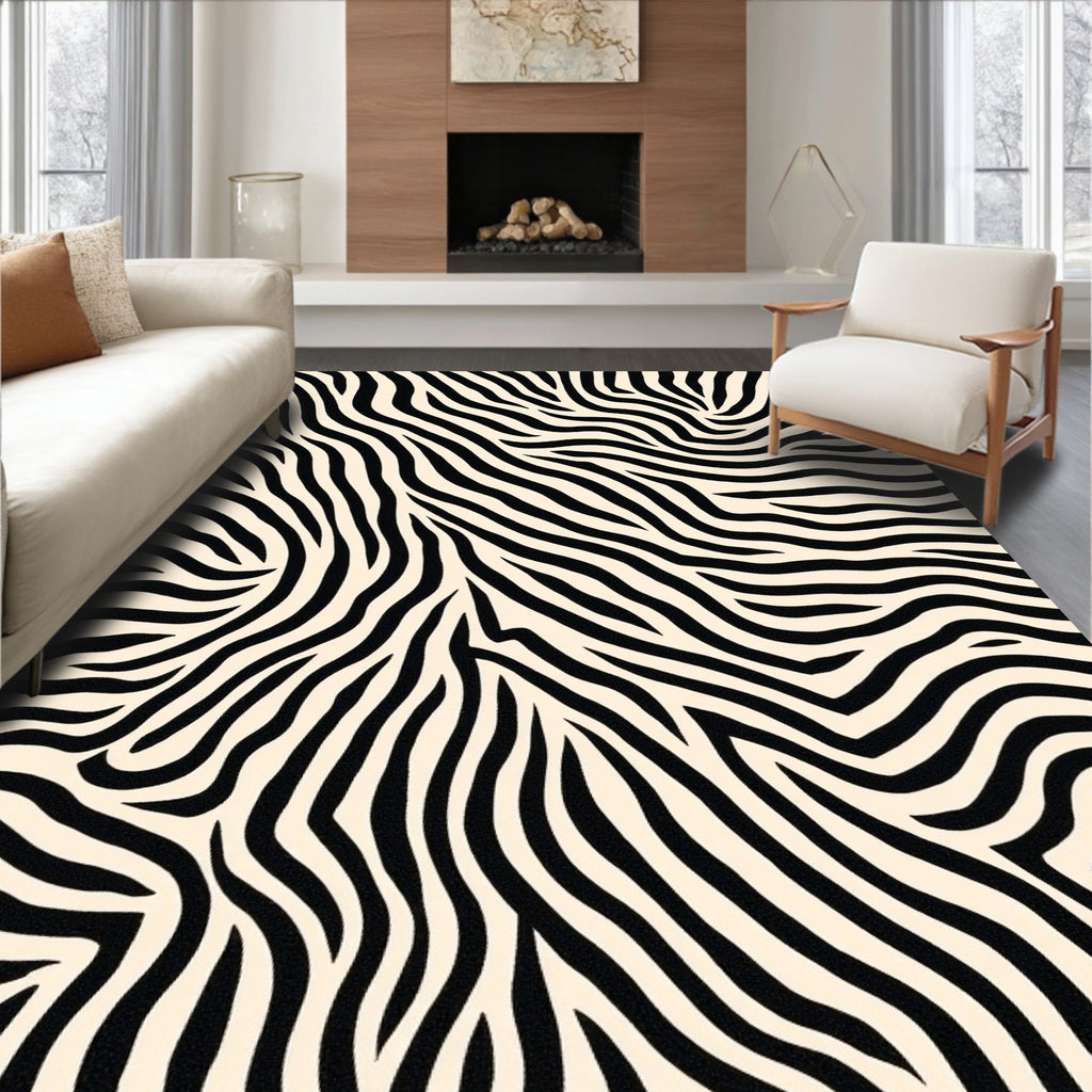 Abstract Black Ivory Zebra Print Rug
