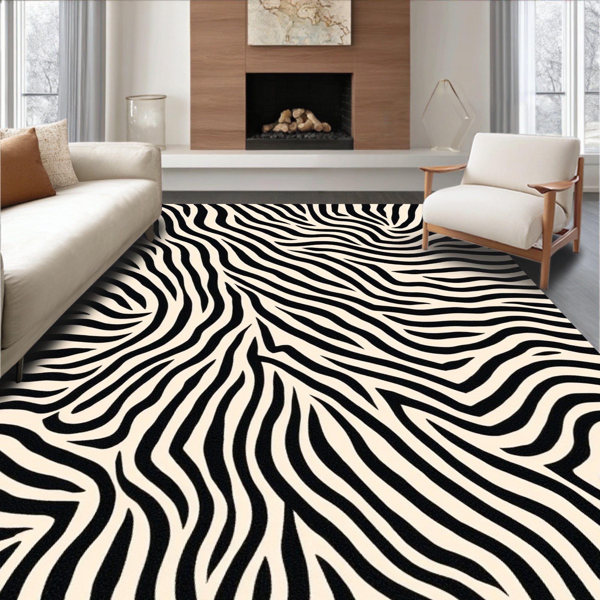 Abstract Black Ivory Zebra Print Rug