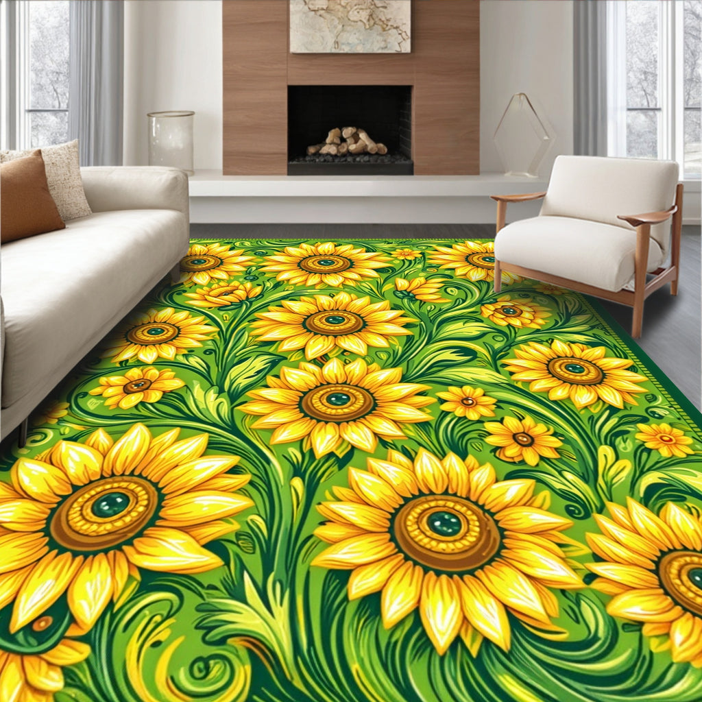 Golden Sunflower Lush Floral Pattern Rug