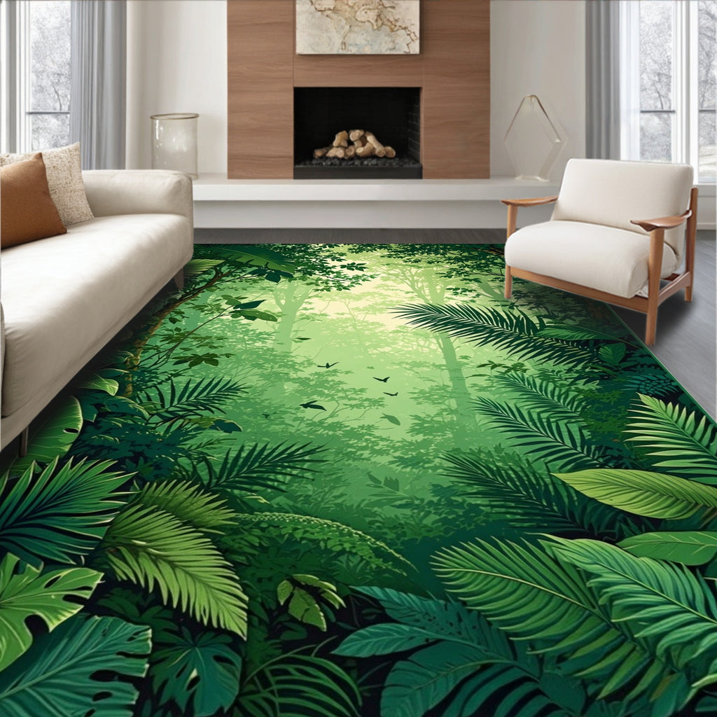 Lush Jungle Foliage With Birds Design Rug