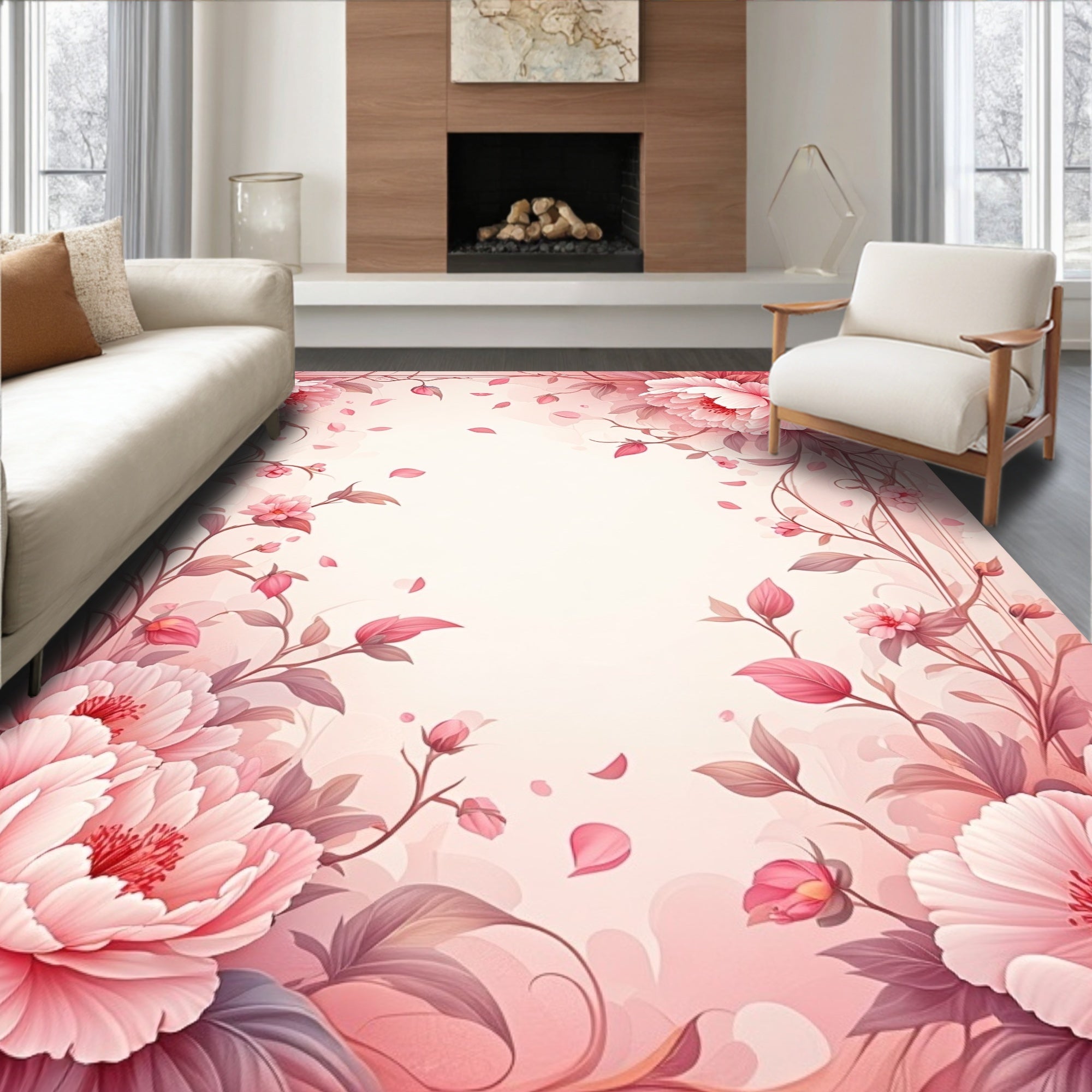 Soft Pink Floral Vine Pattern Rug