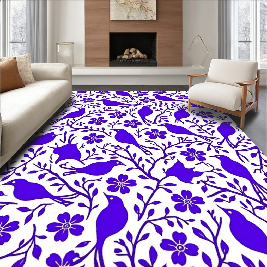 Vibrant Purple Bird and Floral Pattern Rug