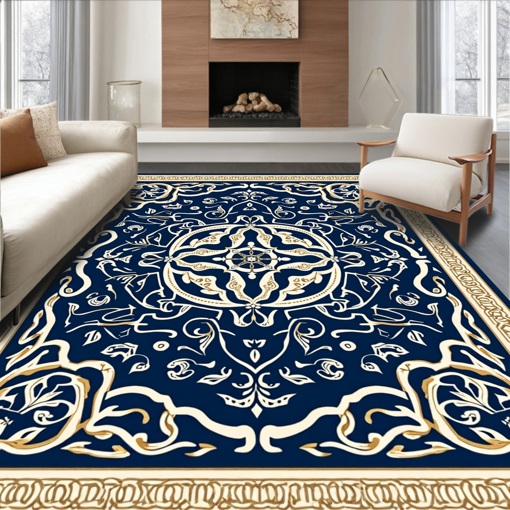 Elegant Blue Gold Floral Mandala Design Rug
