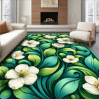 White Blossoms Green Swirl Art Rug