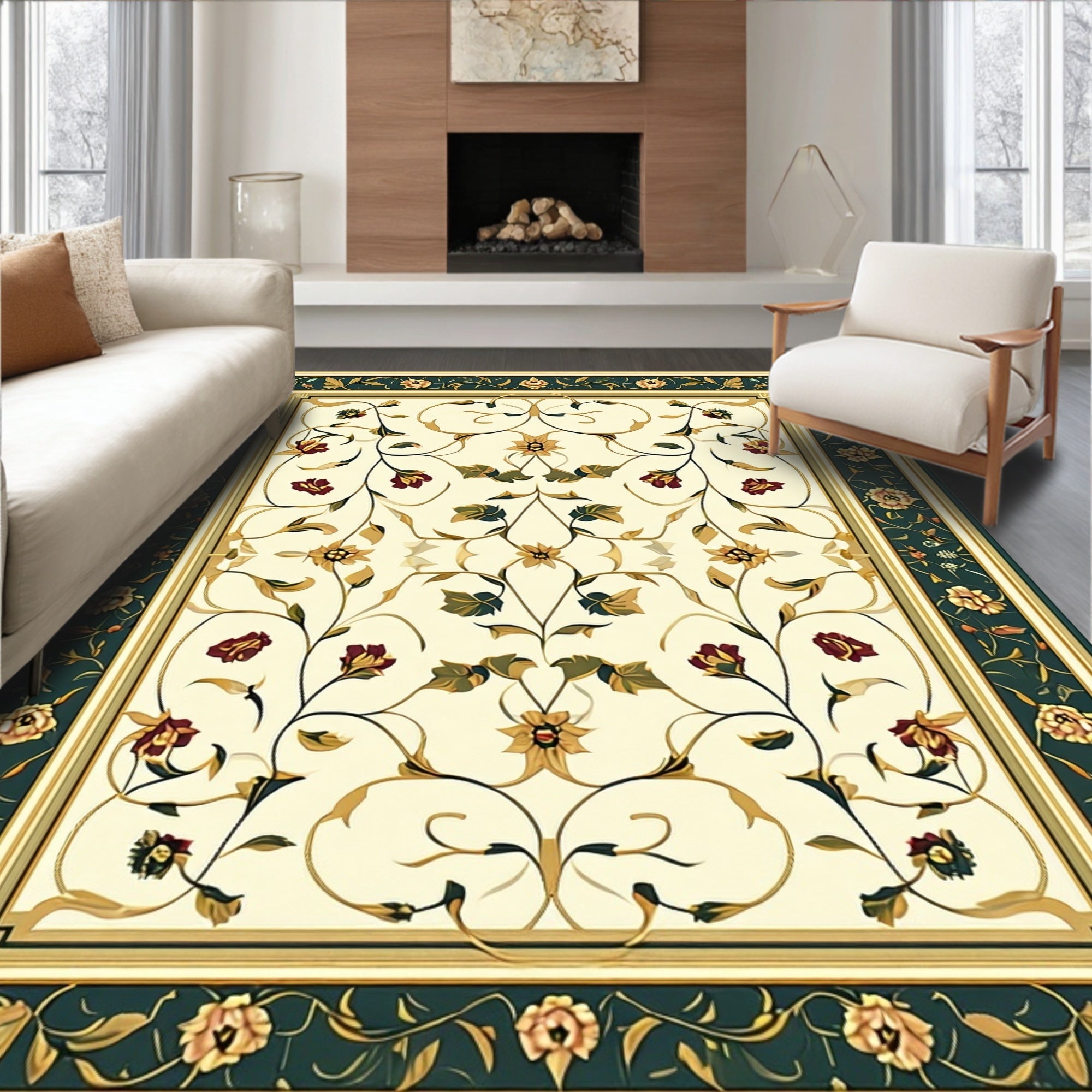 Luxe Floral Vine Cream Green Rug