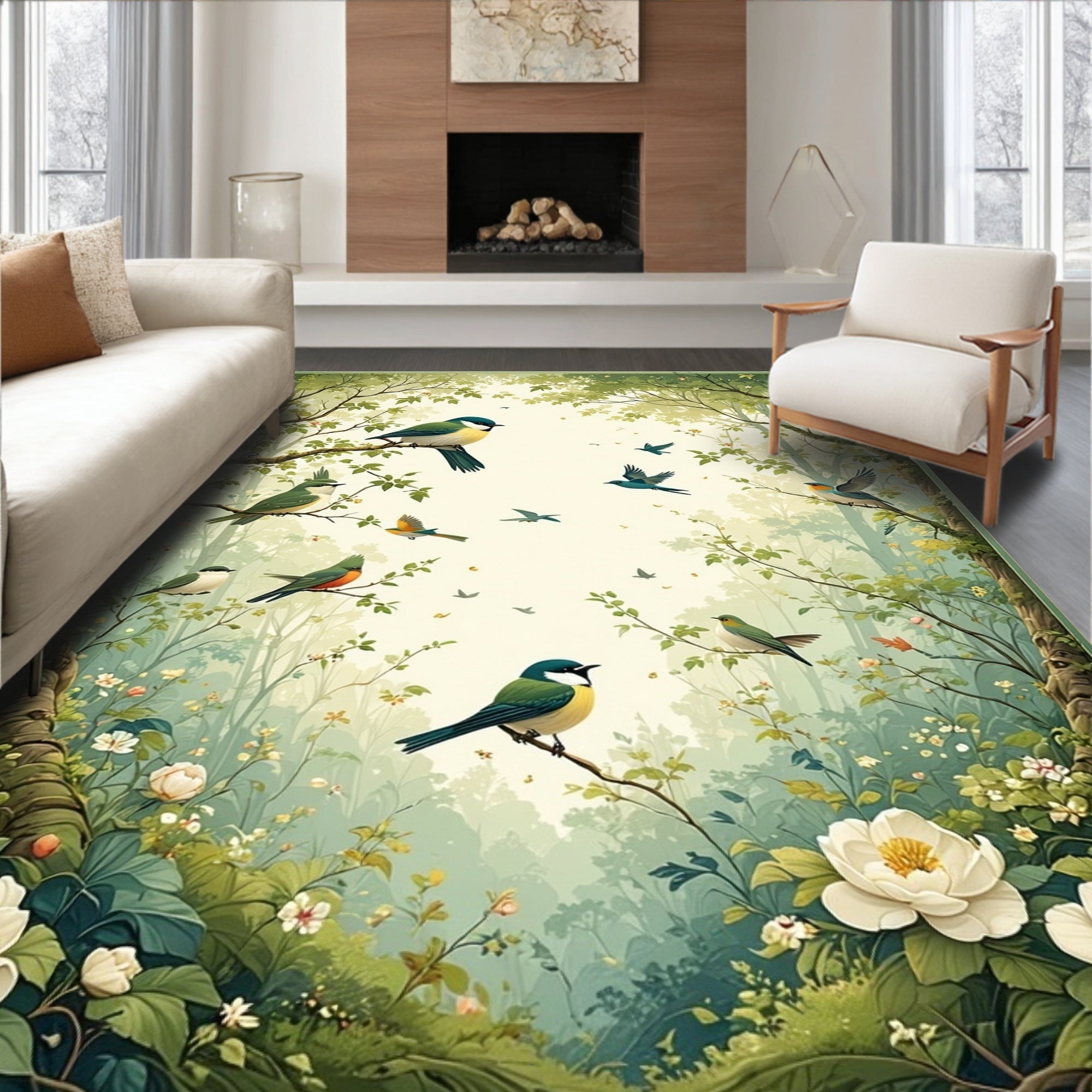 Whimsical Bird Floral Woodland Design Rug