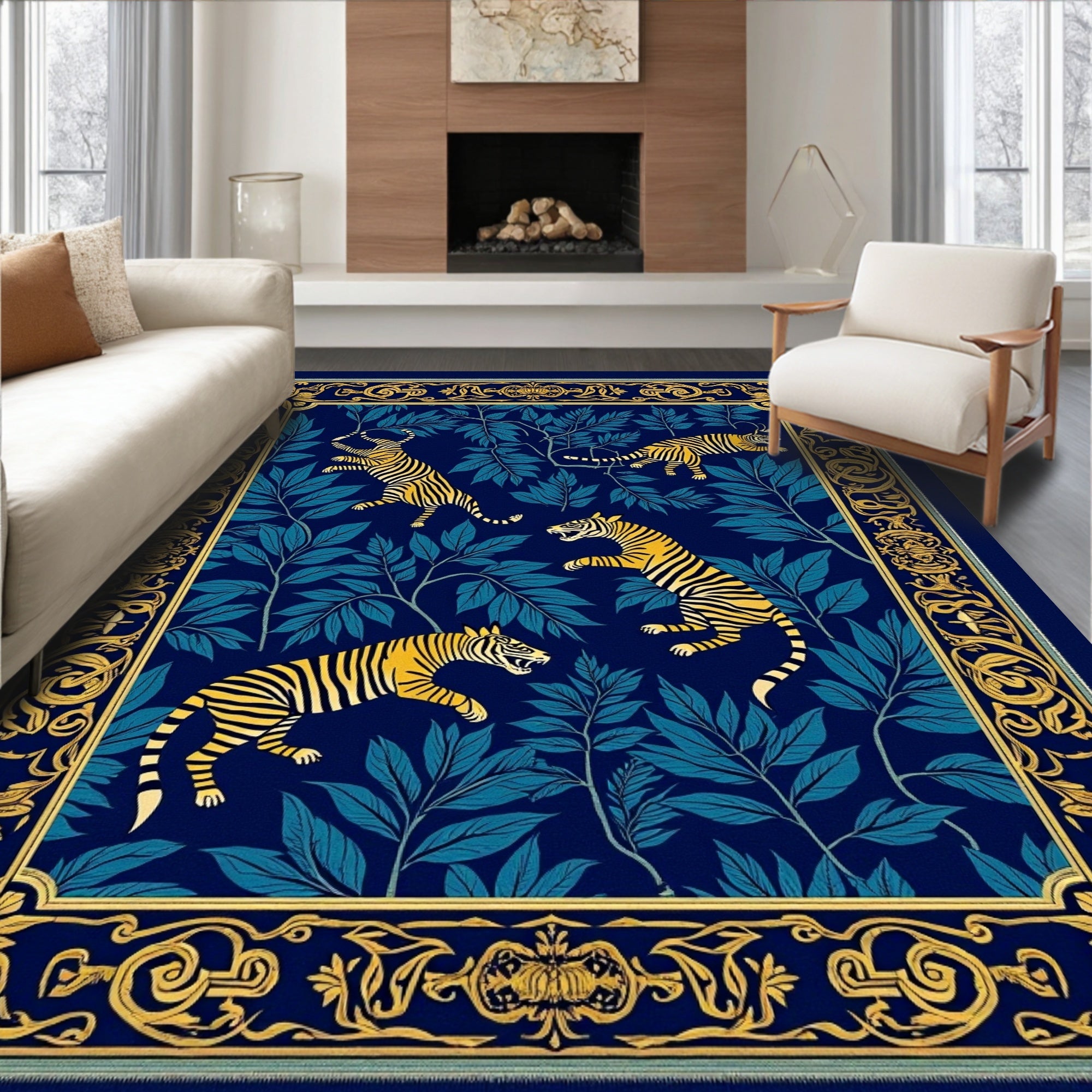 Golden Tiger Jungle Pattern Border Rug