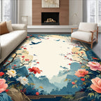 Elegant Floral Birds Mountain Scene Rug