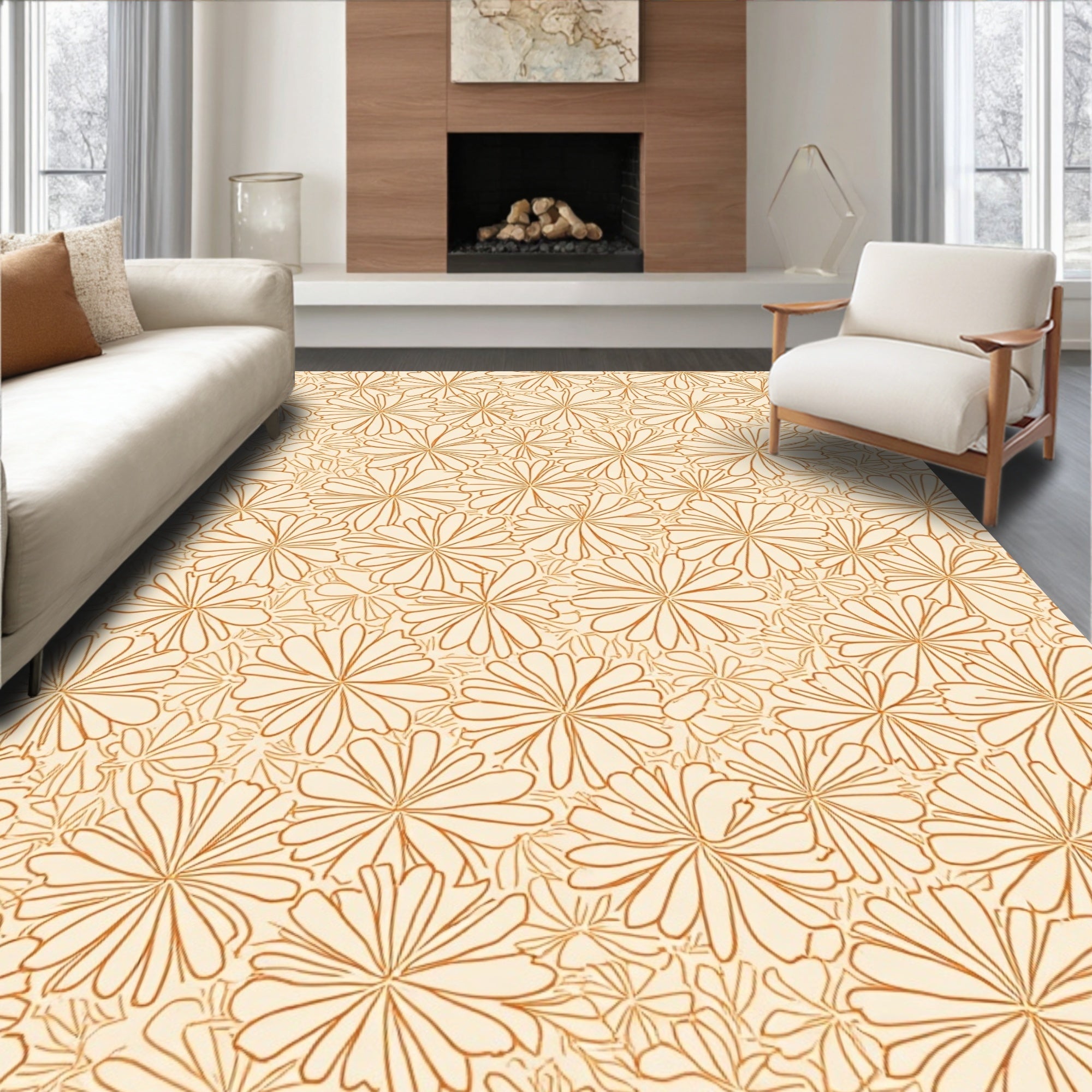 Outline Petal Patterned Warm Orange Rug