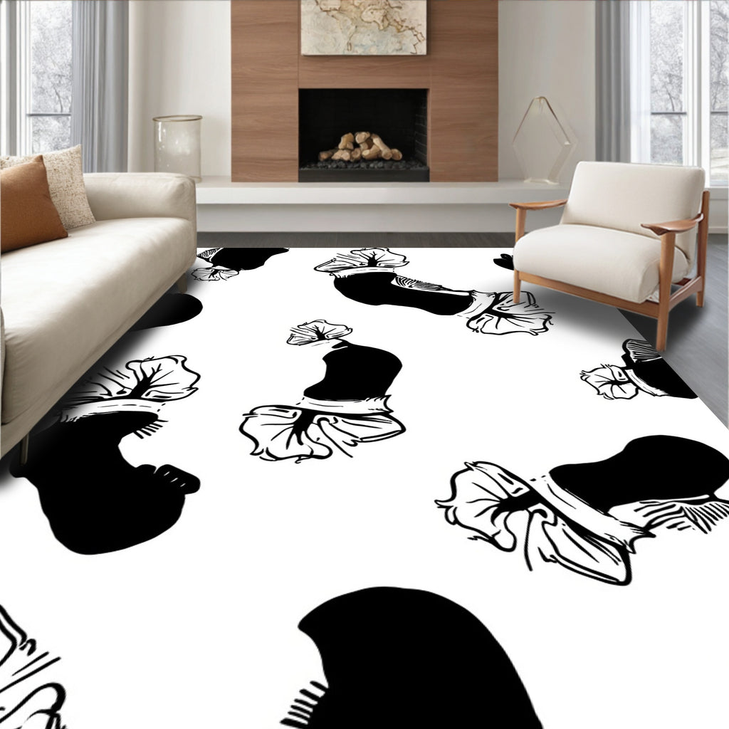 Bold Black White Floral Pattern Rug