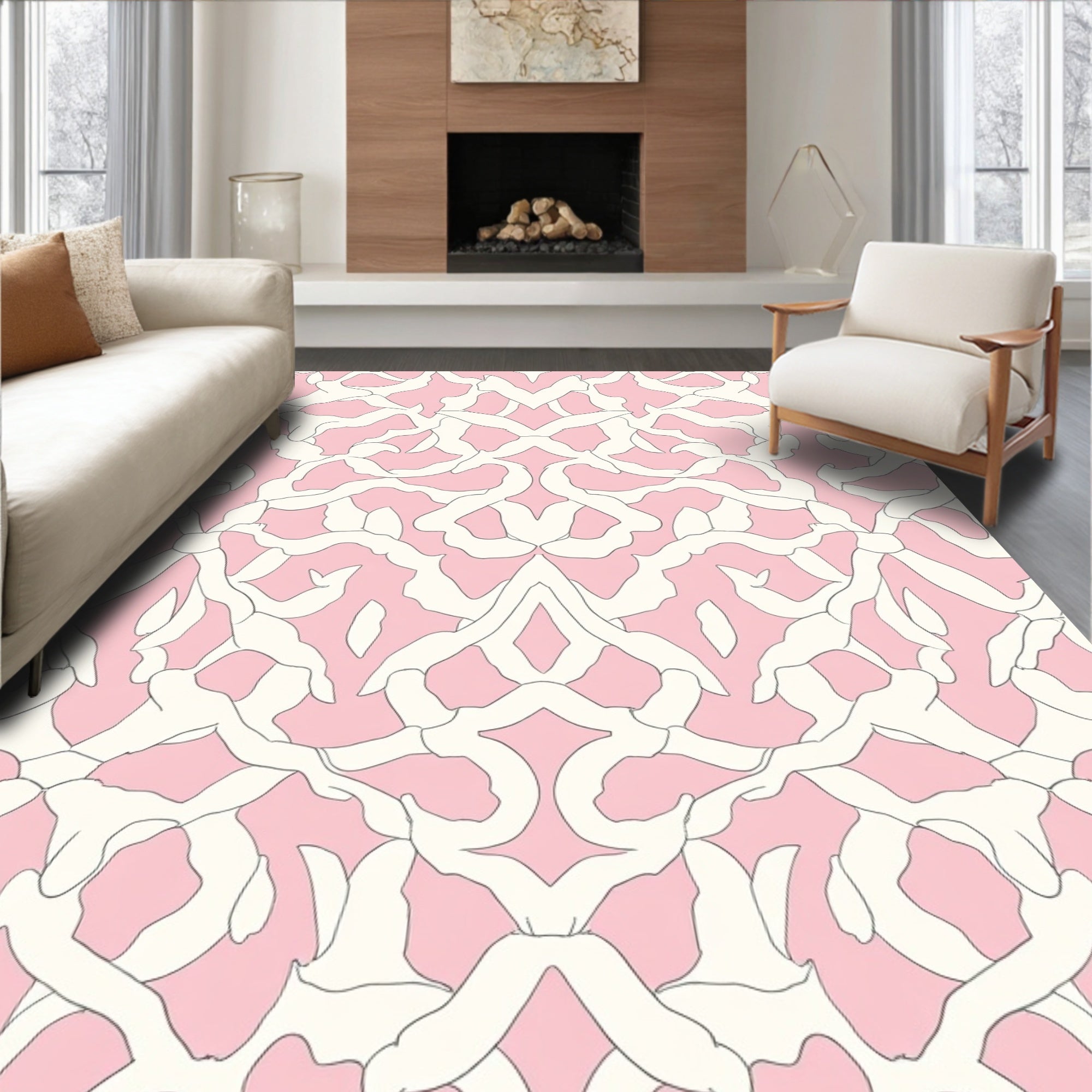 Pink Cream Abstract Organic Pattern Rug