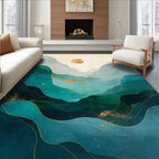 Serene Turquoise Gold Mountainscape Design Rug