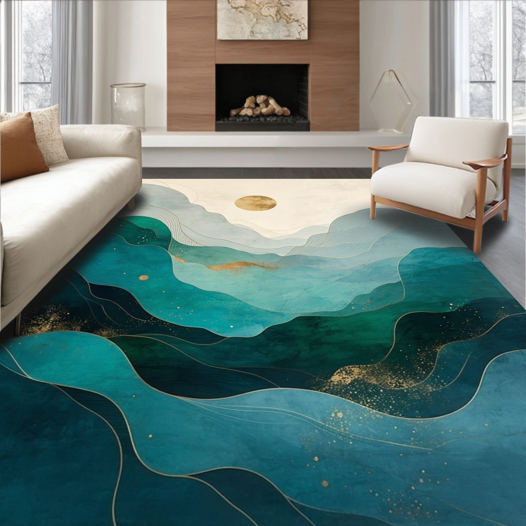 Serene Turquoise Gold Mountainscape Design Rug