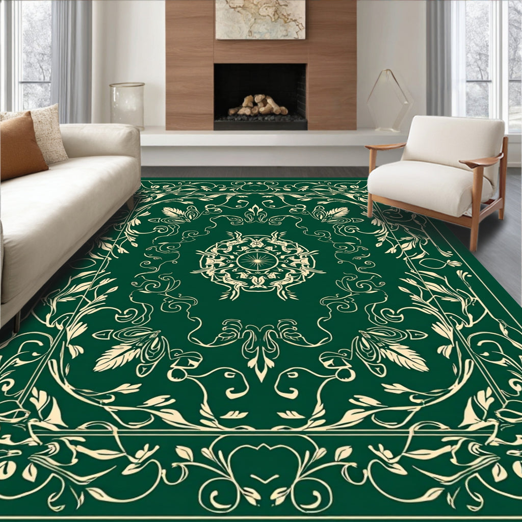 Elegant Floral Mandala Ivory And Emerald Rug