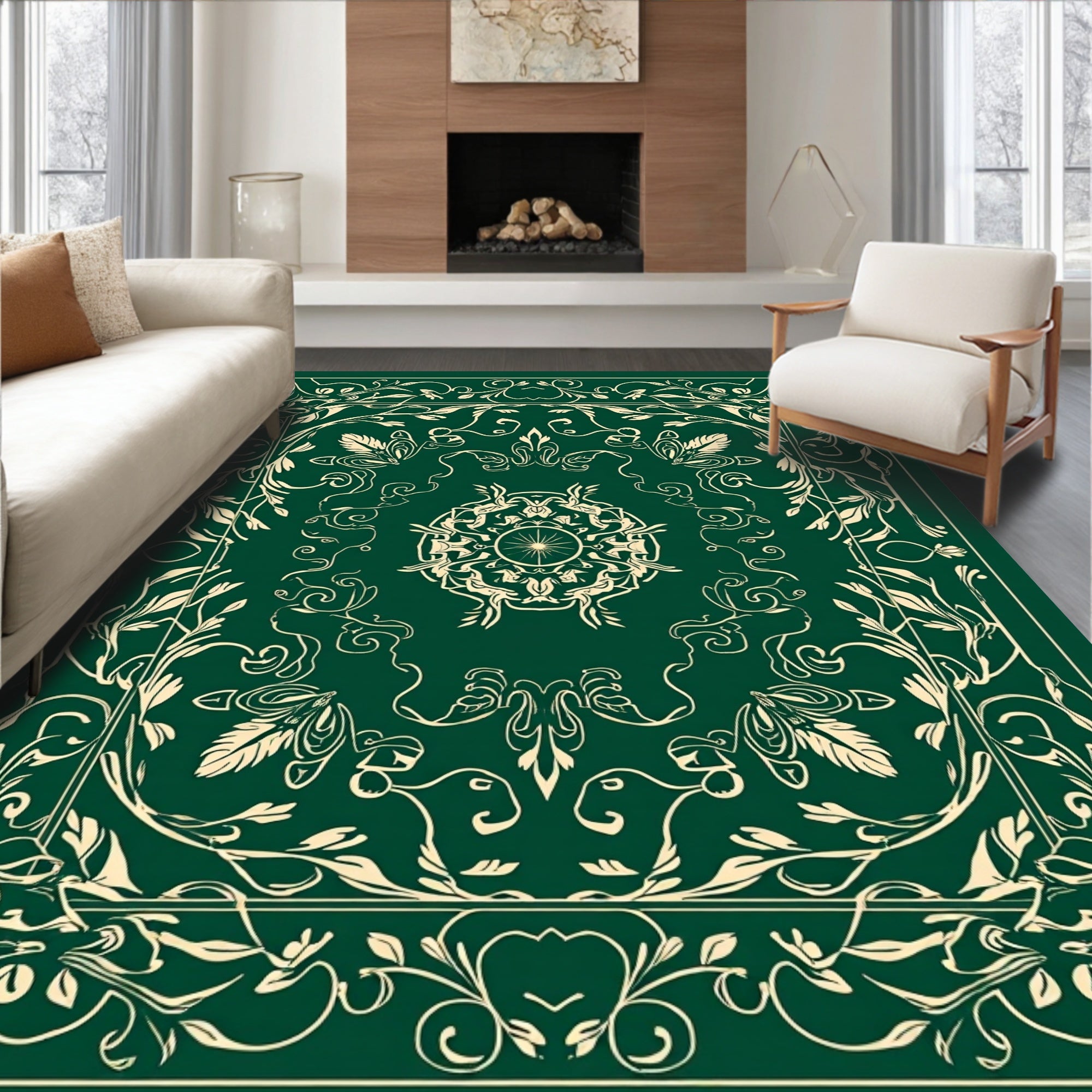 Elegant Floral Mandala Ivory And Emerald Rug