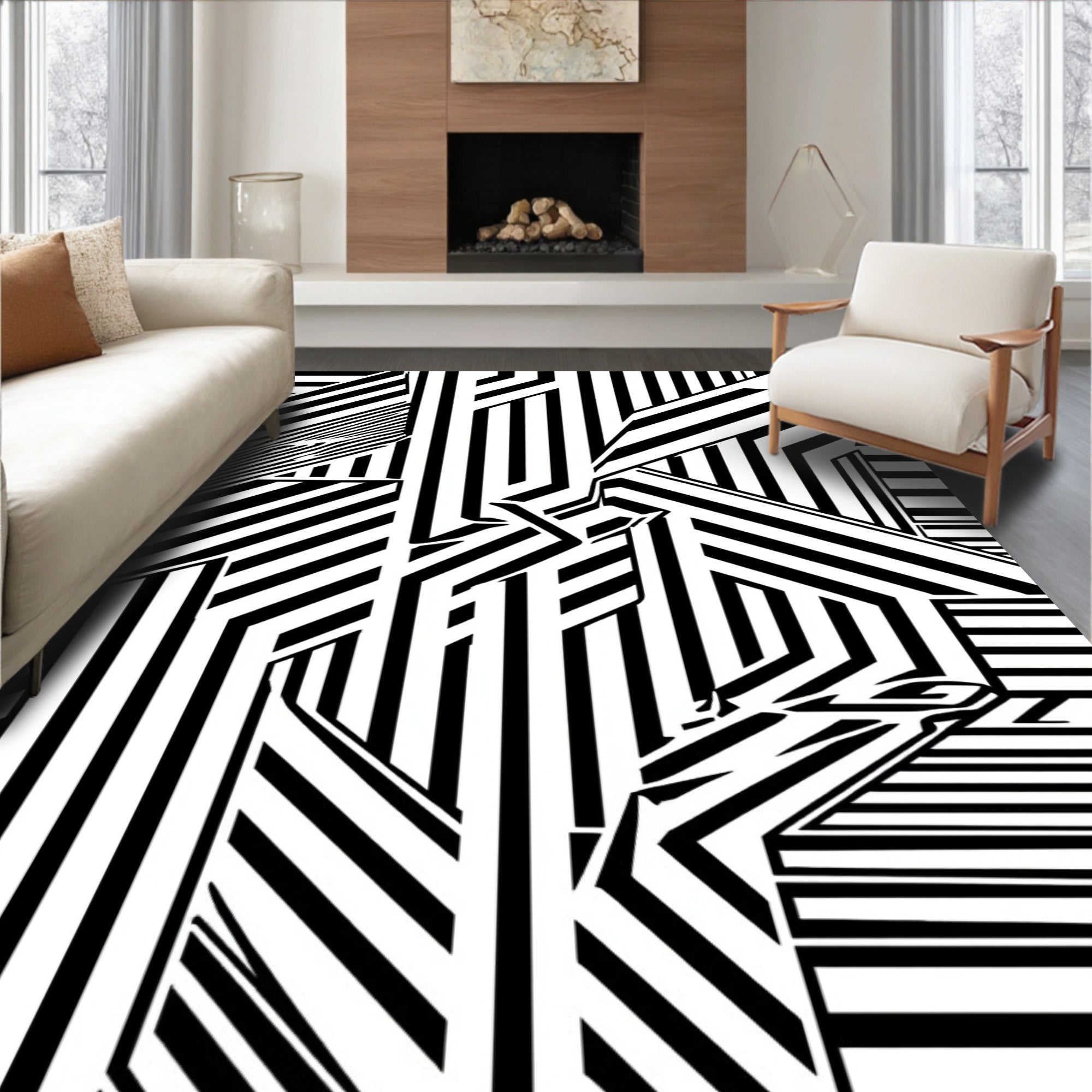 Abstract Black White Geometric Lines Rug