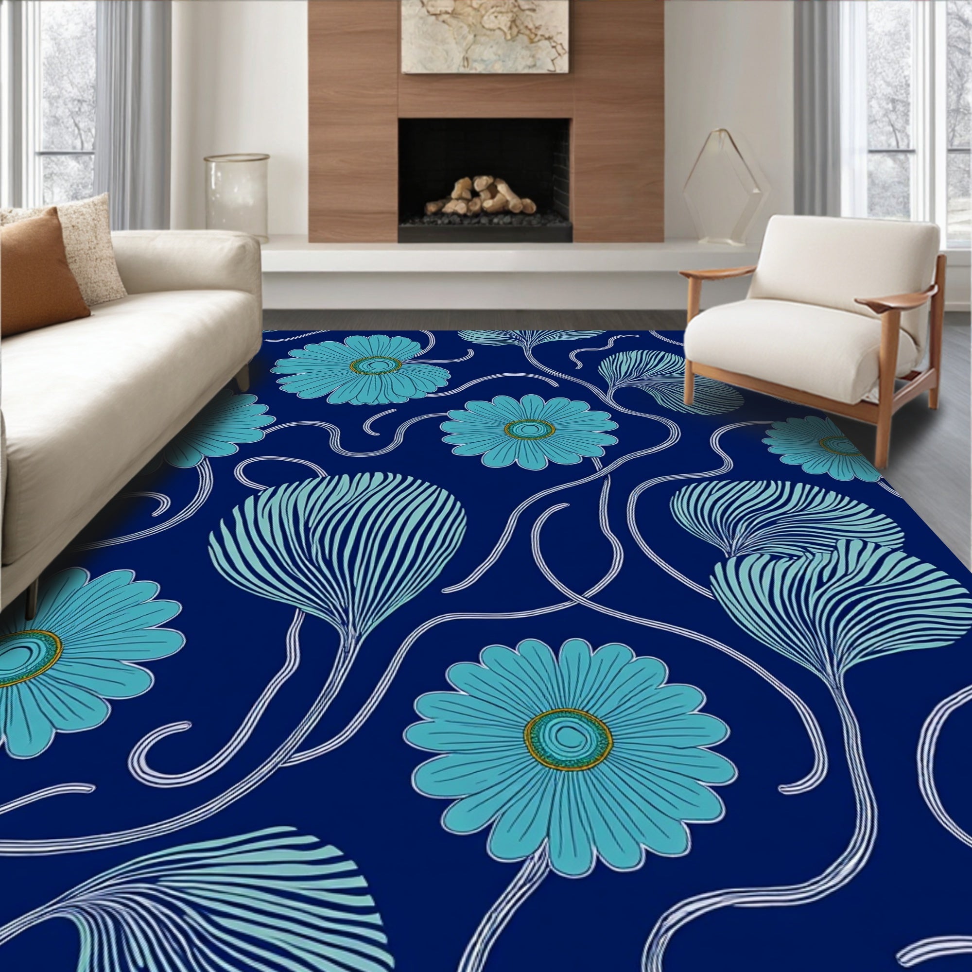 Turquoise Floral Vine Pattern Rug