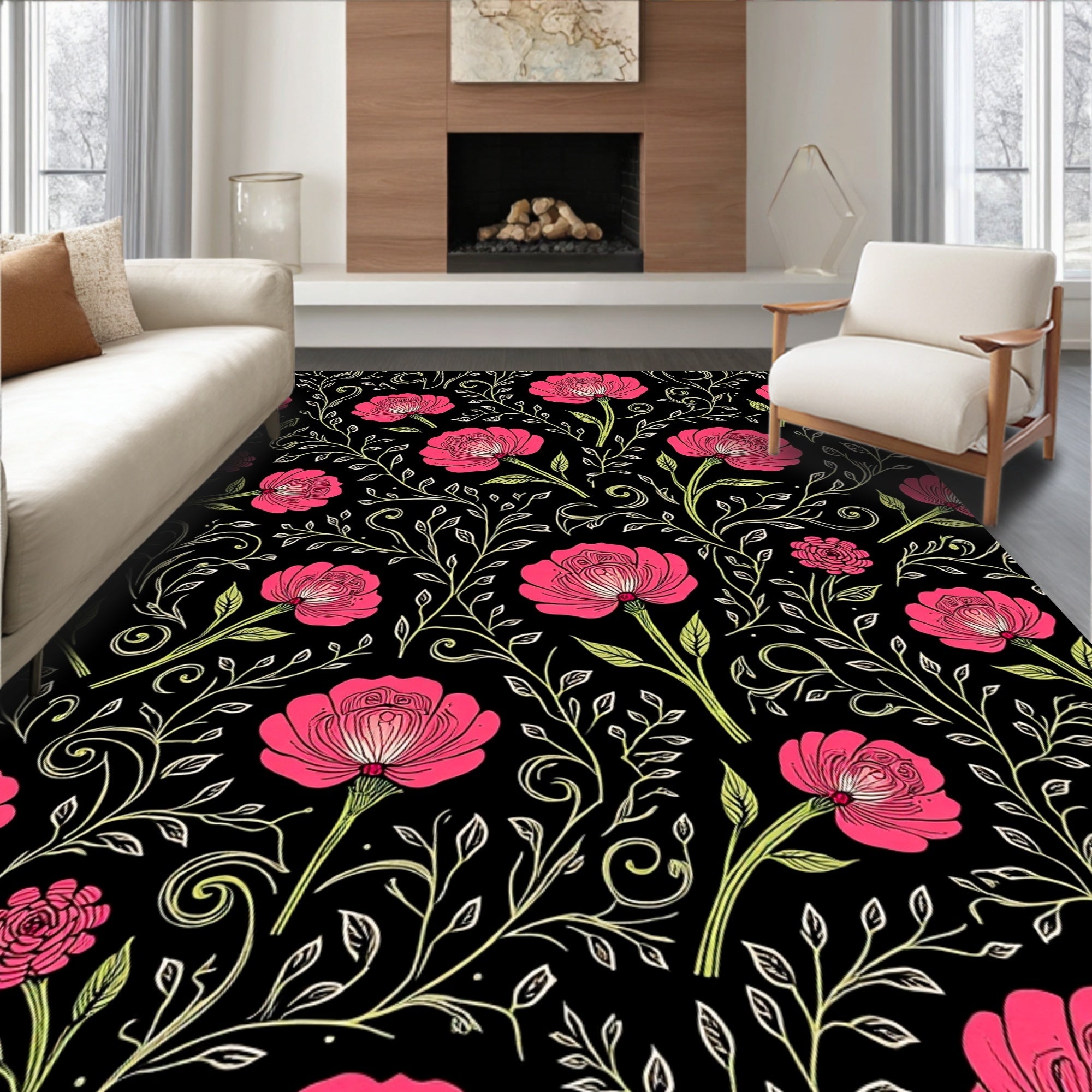 Pink Floral Vine Patterned Rug