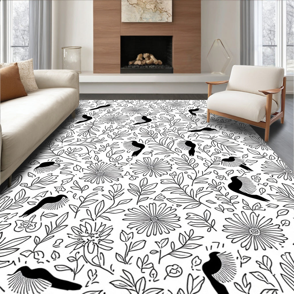 Charming Birds And Blossoms Line Art Rug