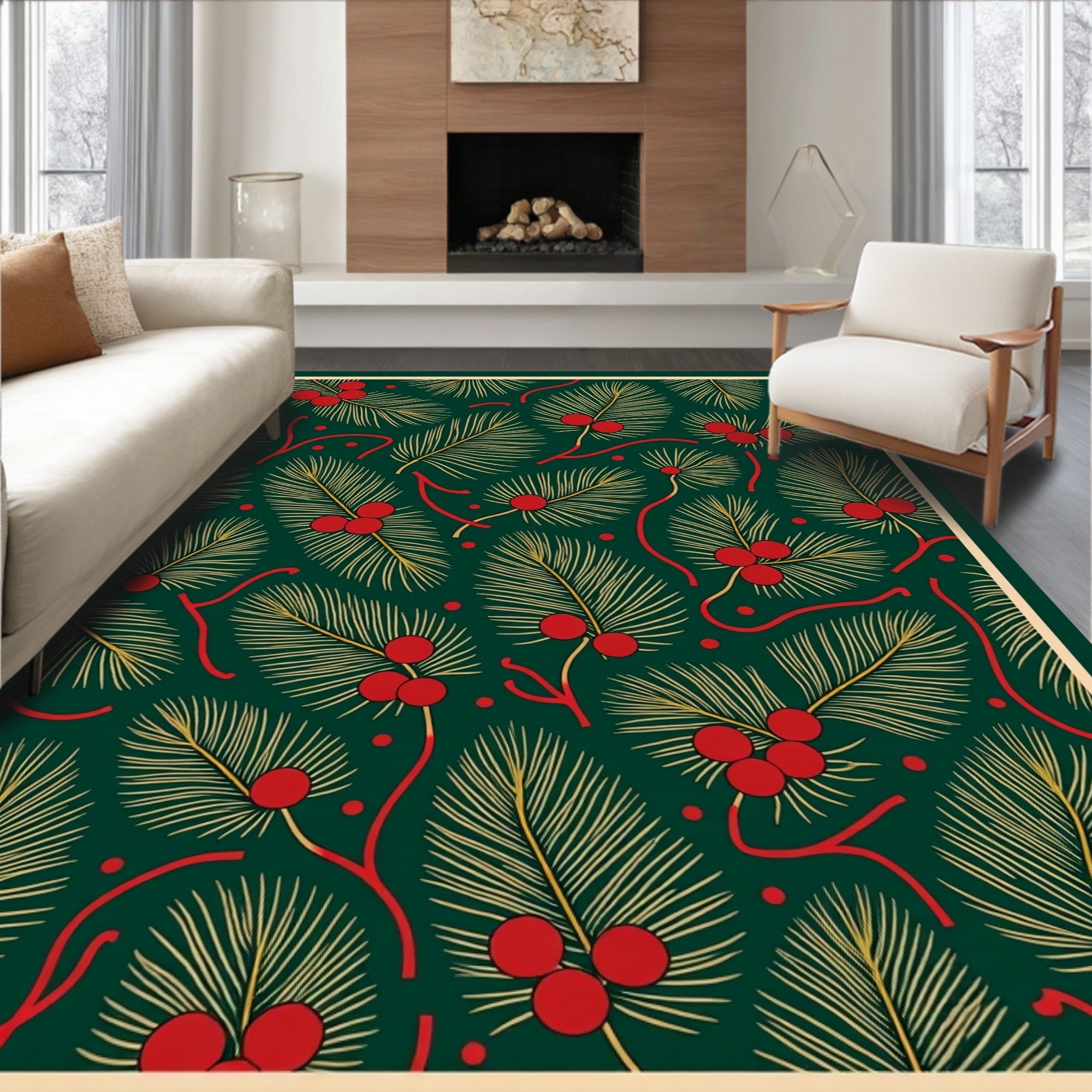 Festive Green Pine Berry Sprigs Rug