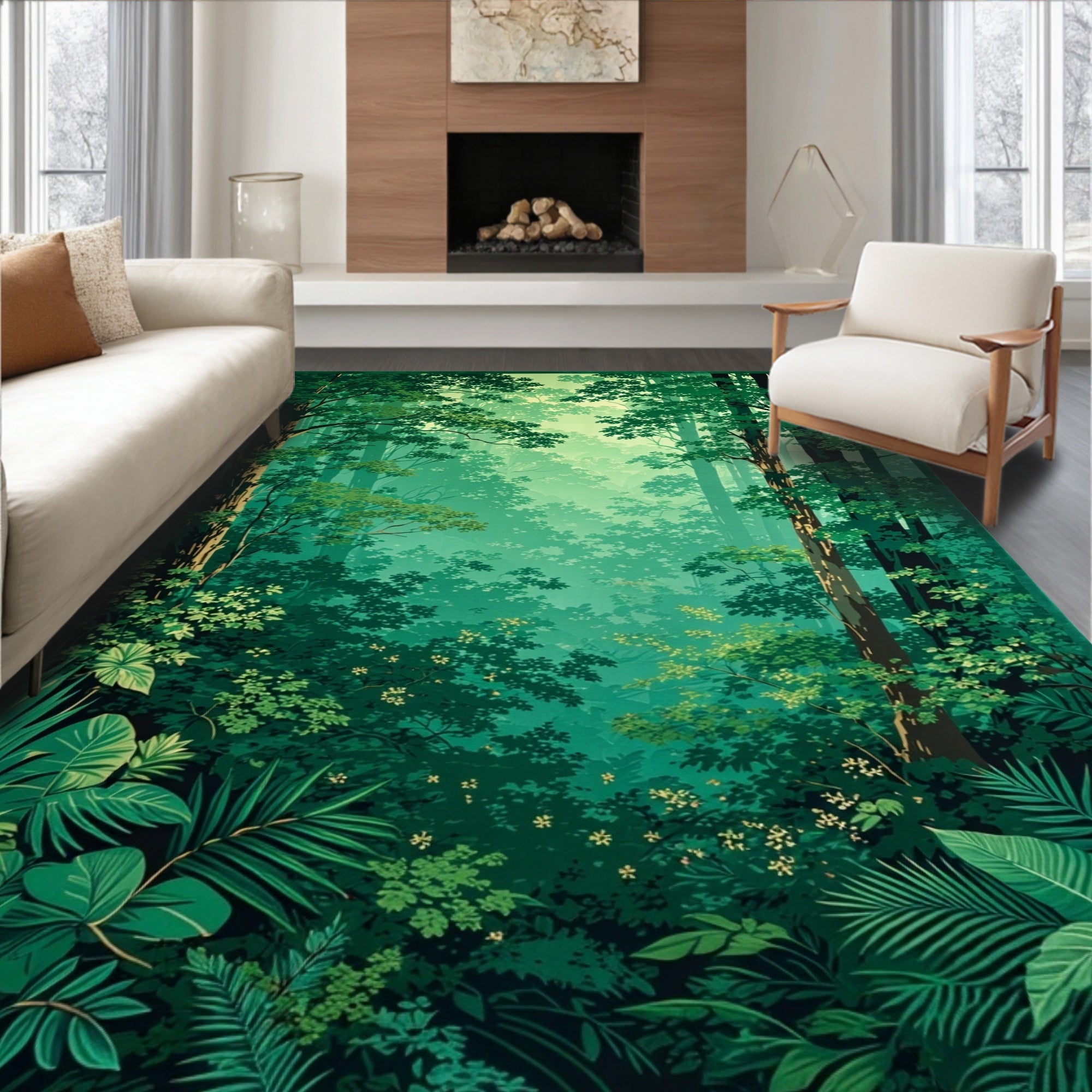 Lush Green Forest Canopy Pattern Rug