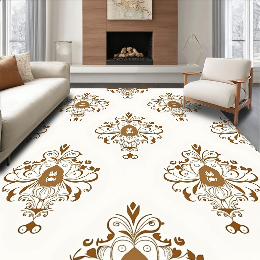Ornate Brown Damask Pattern Rug