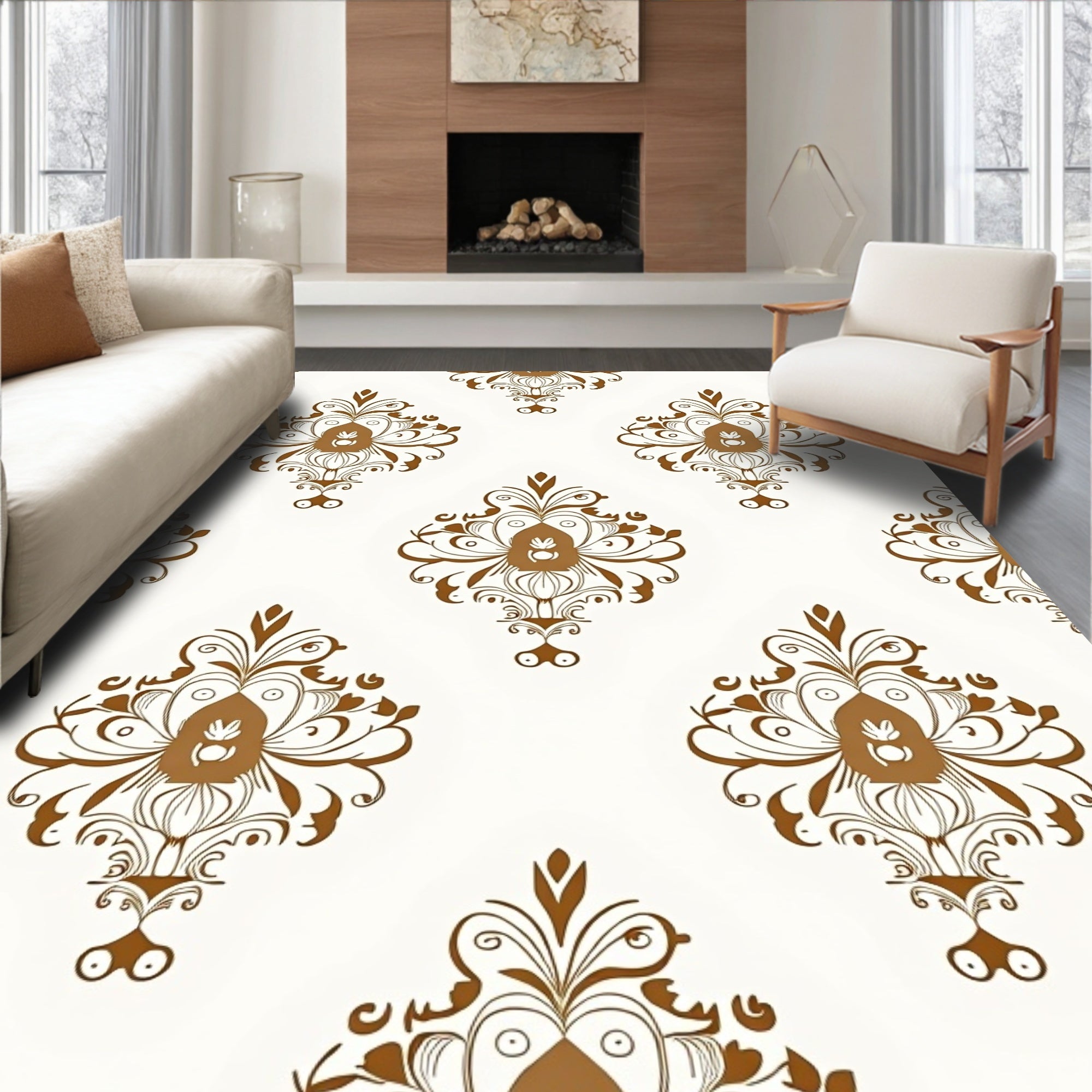 Ornate Brown Damask Pattern Rug