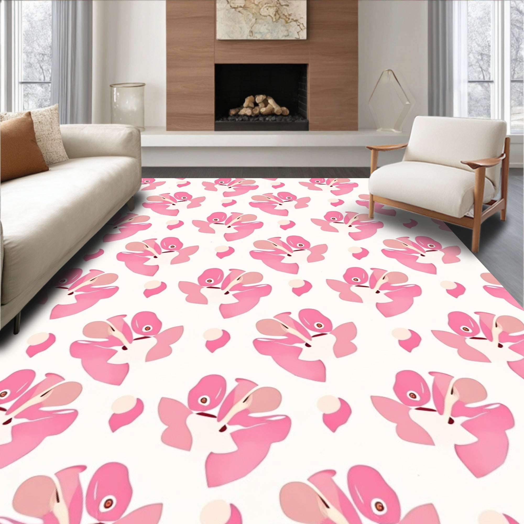 Pink Floral Patterned Abstract Rug