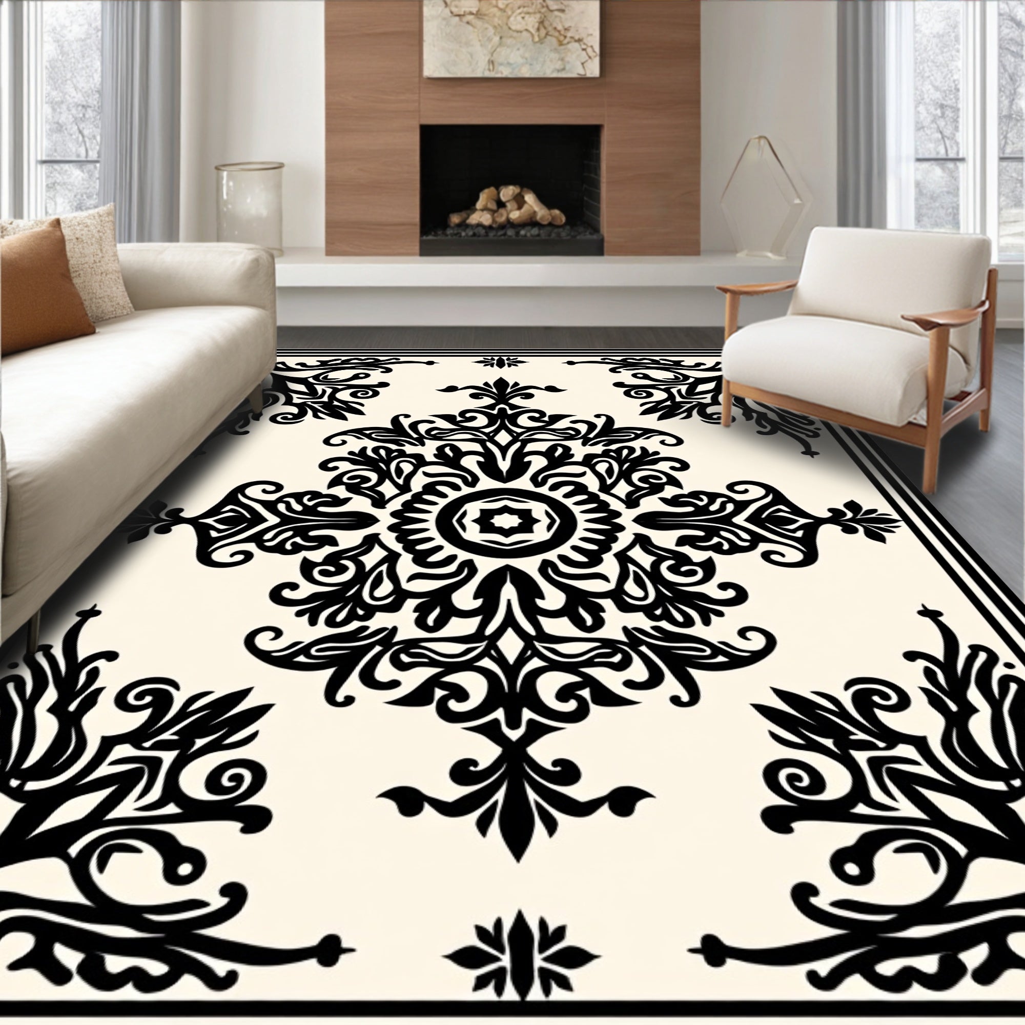 Black Ivory Ornate Floral Damask Rug