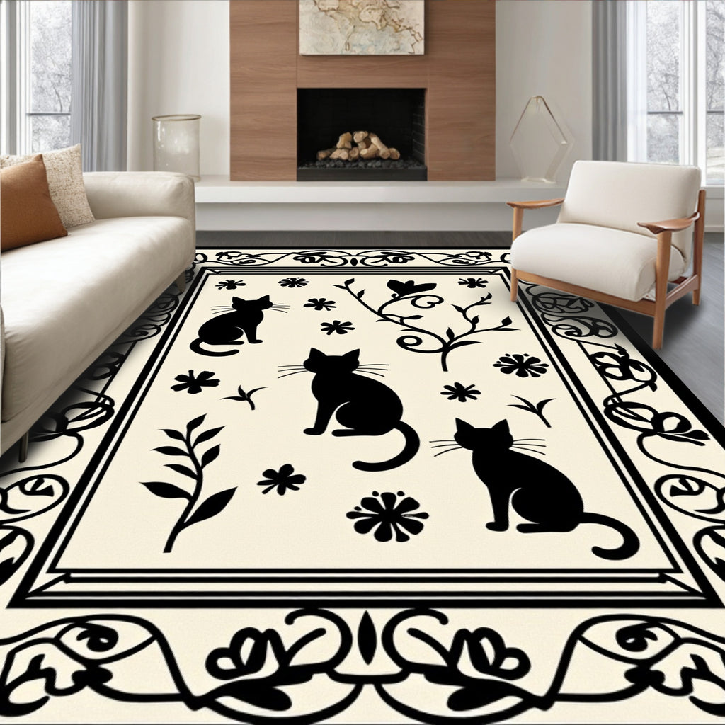 Black Cat Floral Design Rug
