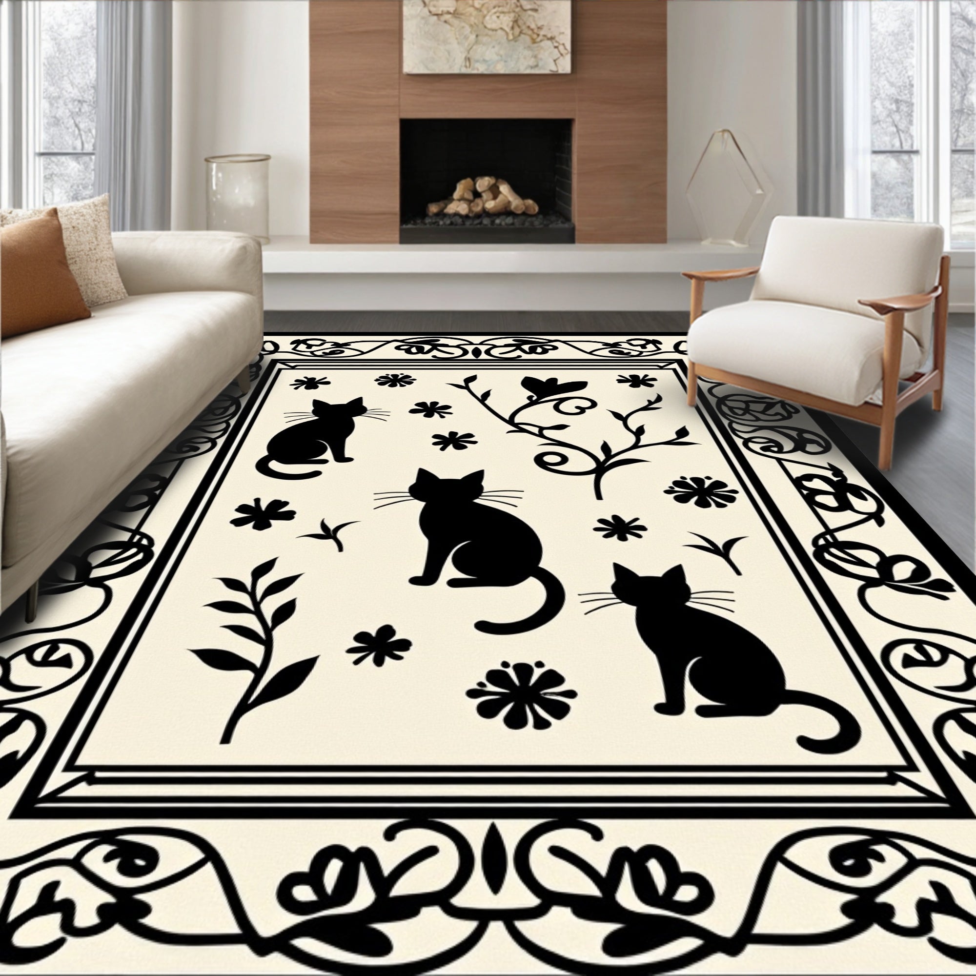 Black Cat Floral Design Rug