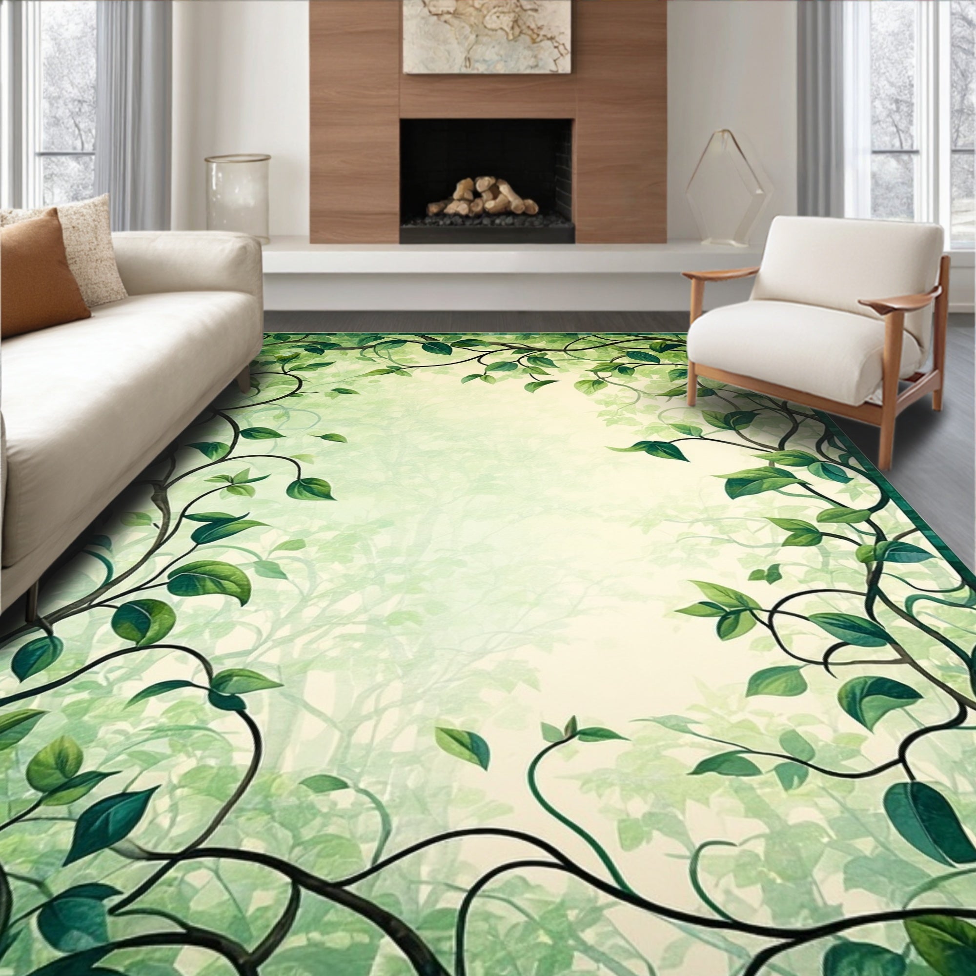 Whimsical Vine Botanical Green Border Rug