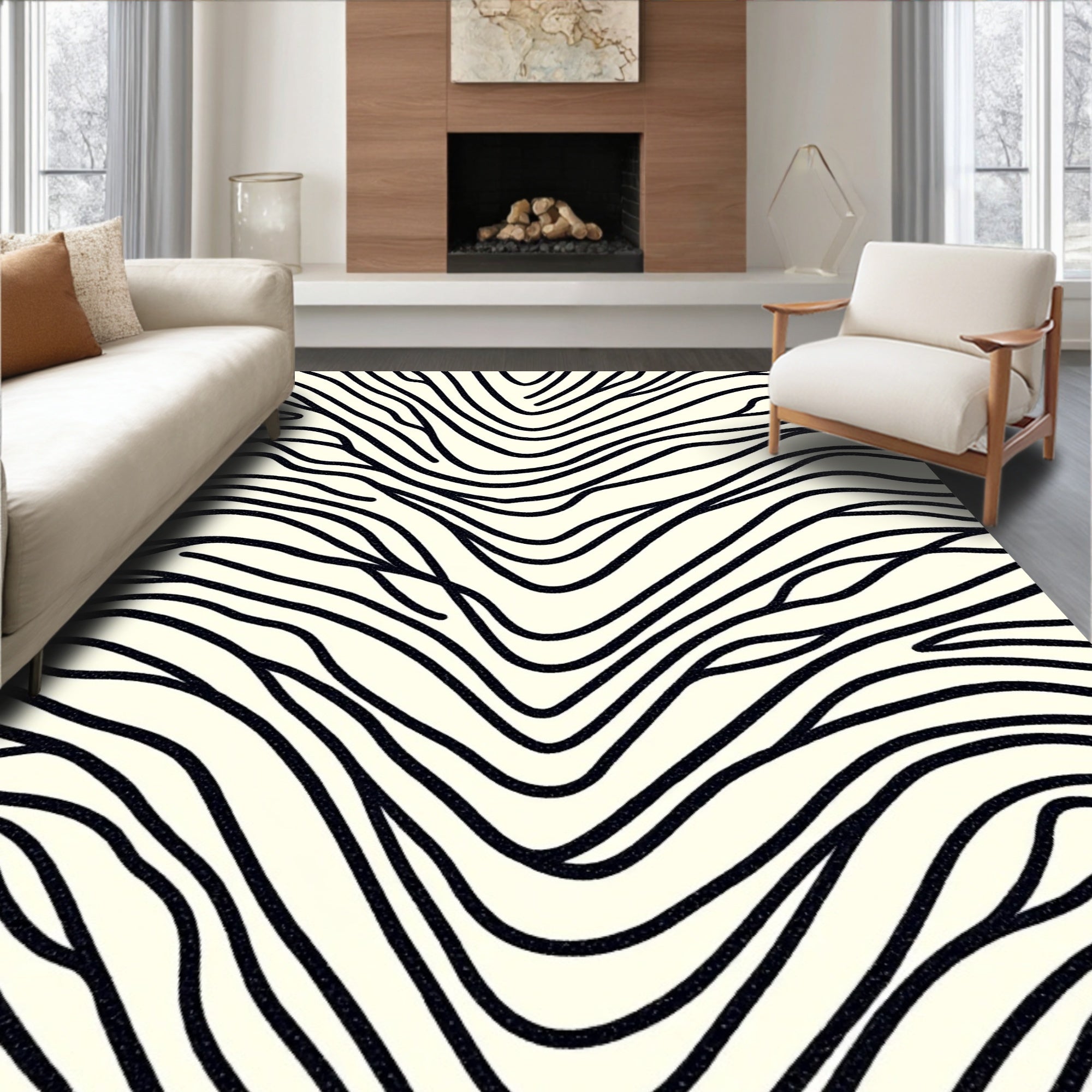 Bold Black Organic Wave Pattern Rug