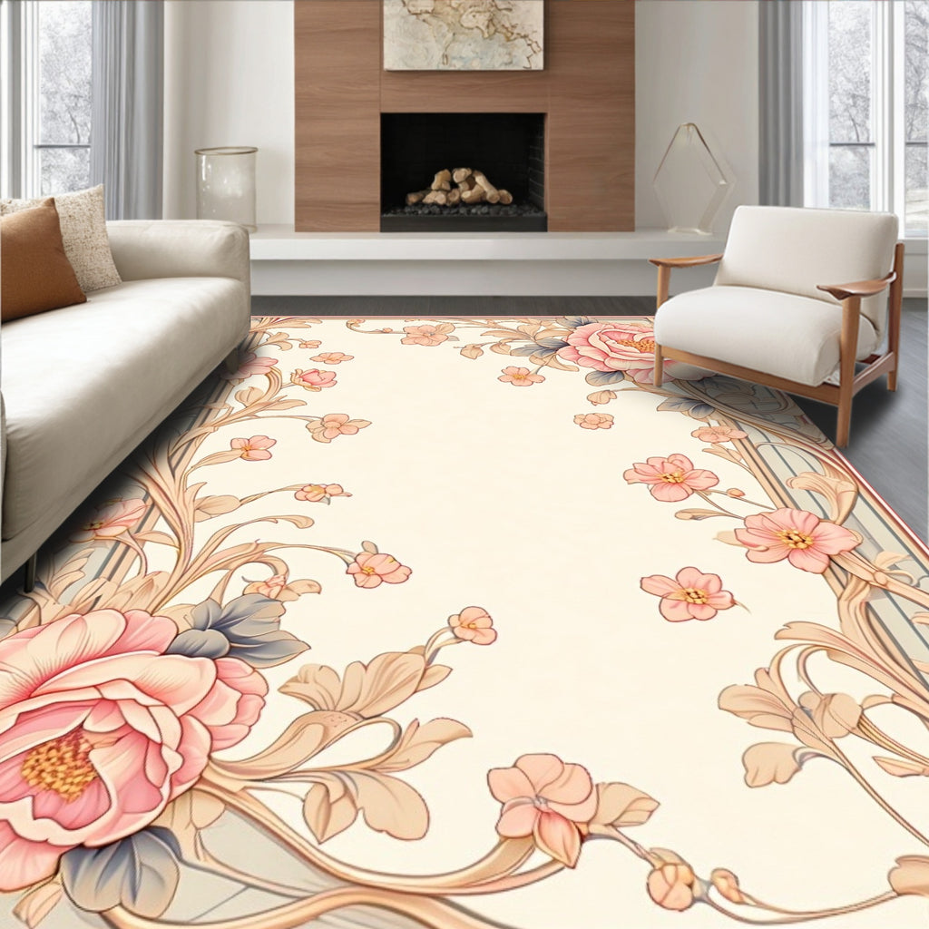 Floral Scrollwork with Pink Blossoms Rug