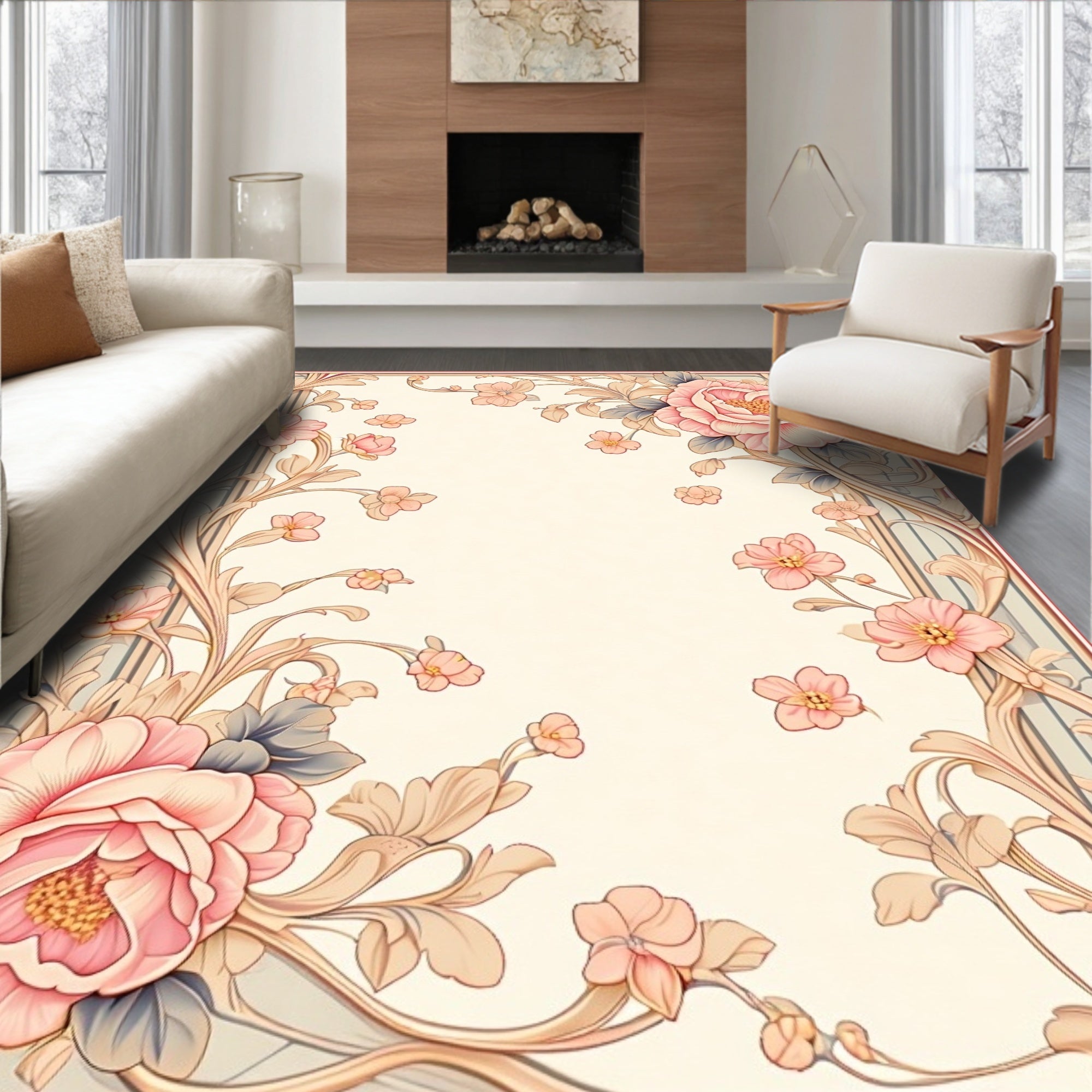 Floral Scrollwork with Pink Blossoms Rug