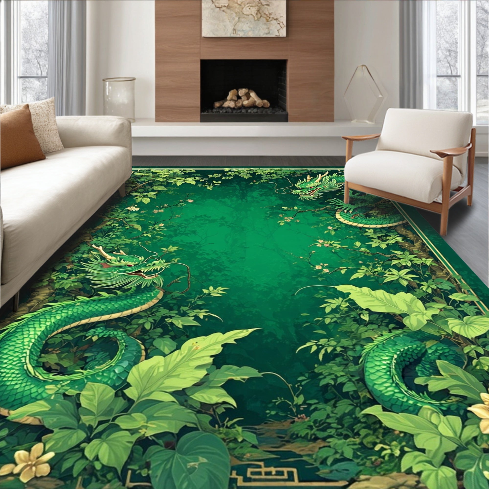 Enchanted Green Dragon Forest Pattern Rug