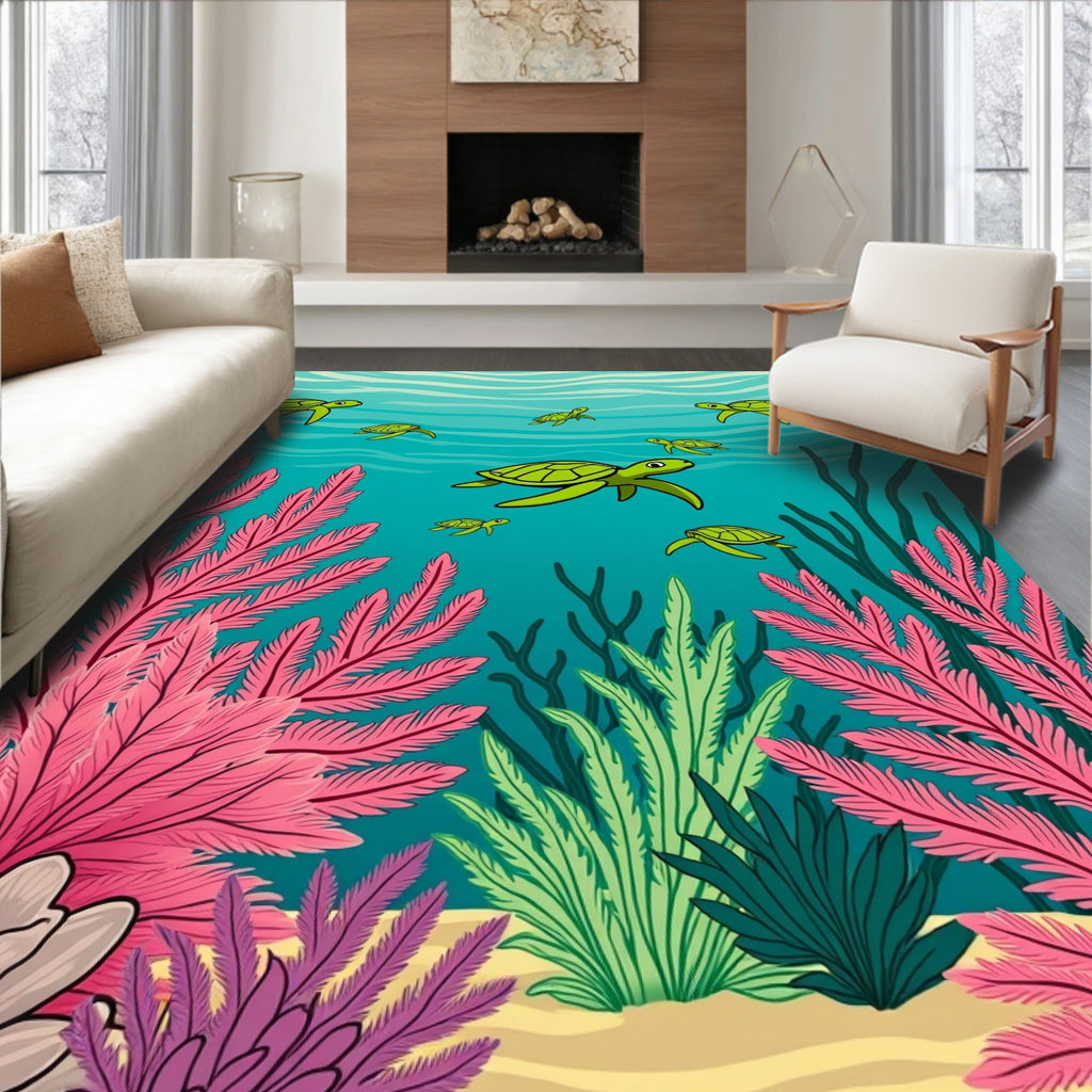 Sea Turtles And Colorful Coral Design Rug