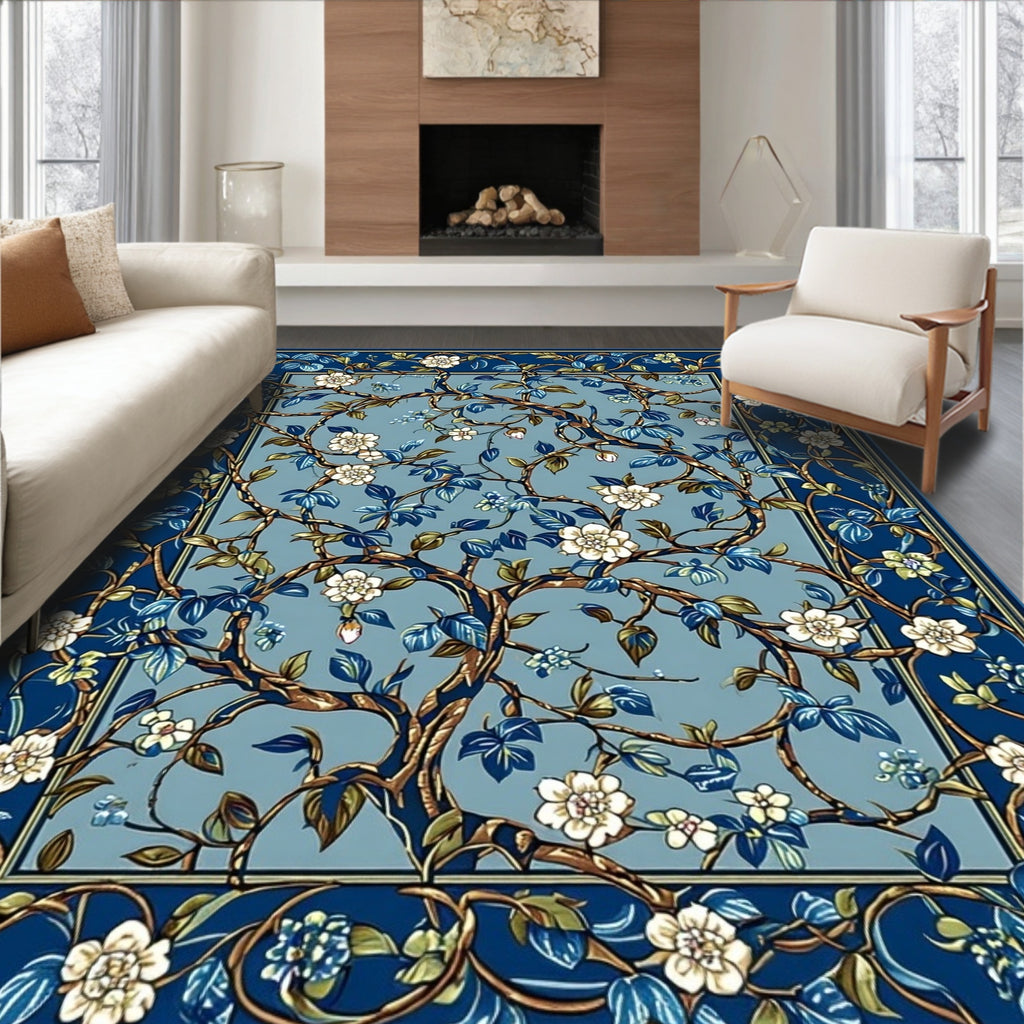 Blue Floral Tree Vine Pattern Rug