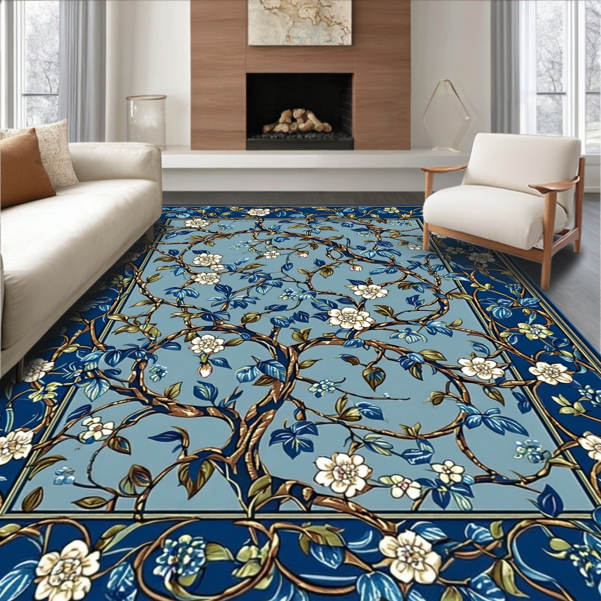Blue Floral Tree Vine Pattern Rug