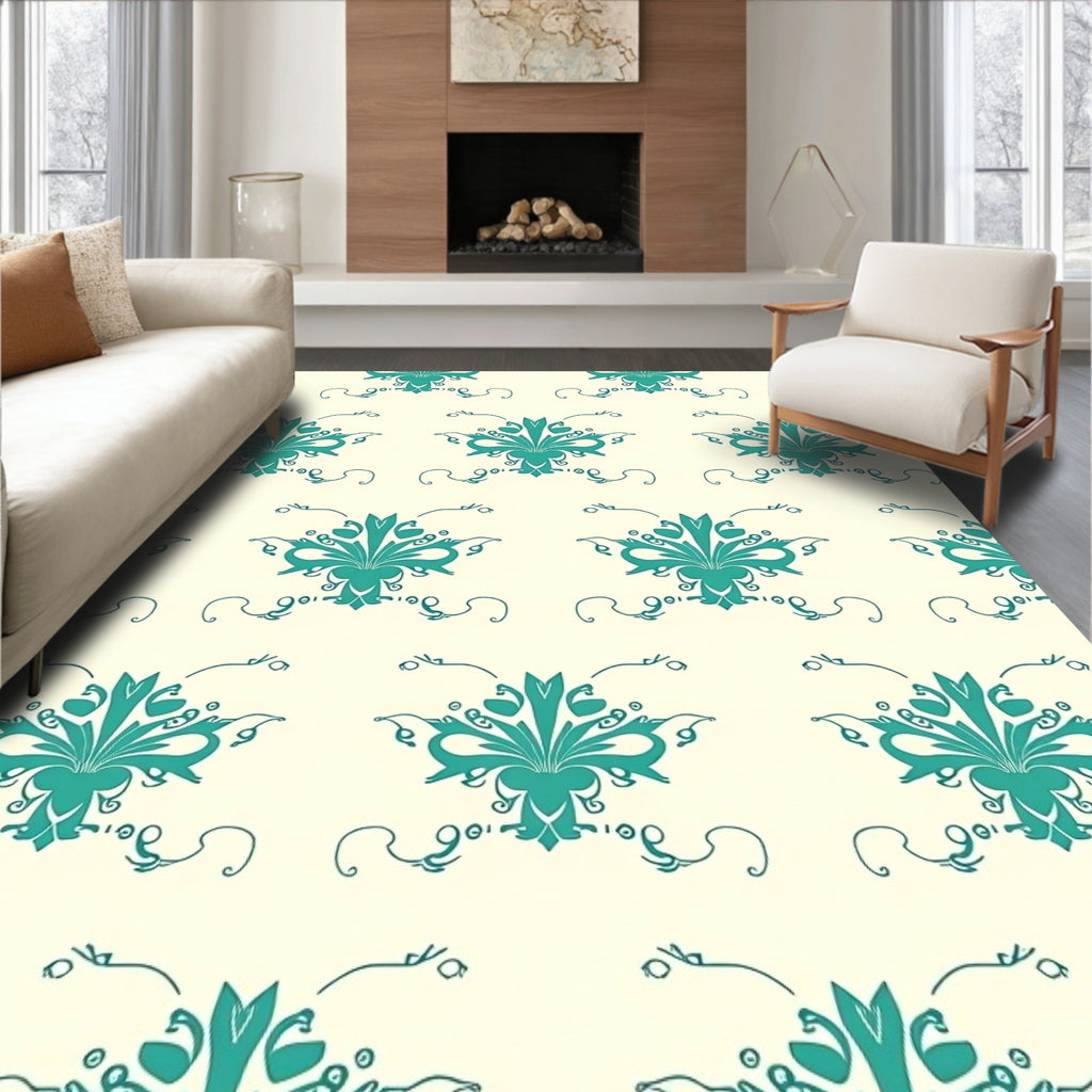 Teal Floral Damask Scrollwork Rug
