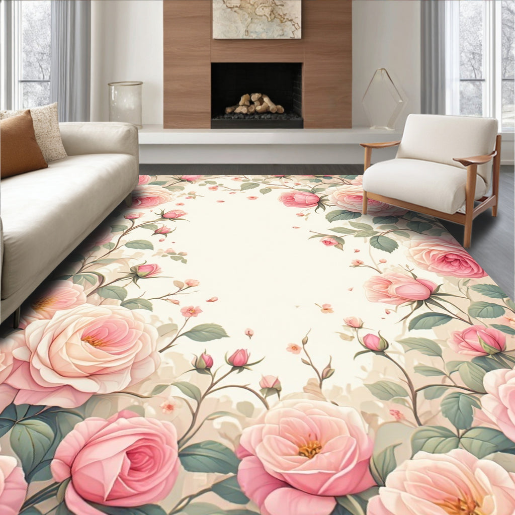 Pink Garden Rose Floral Pattern Rug