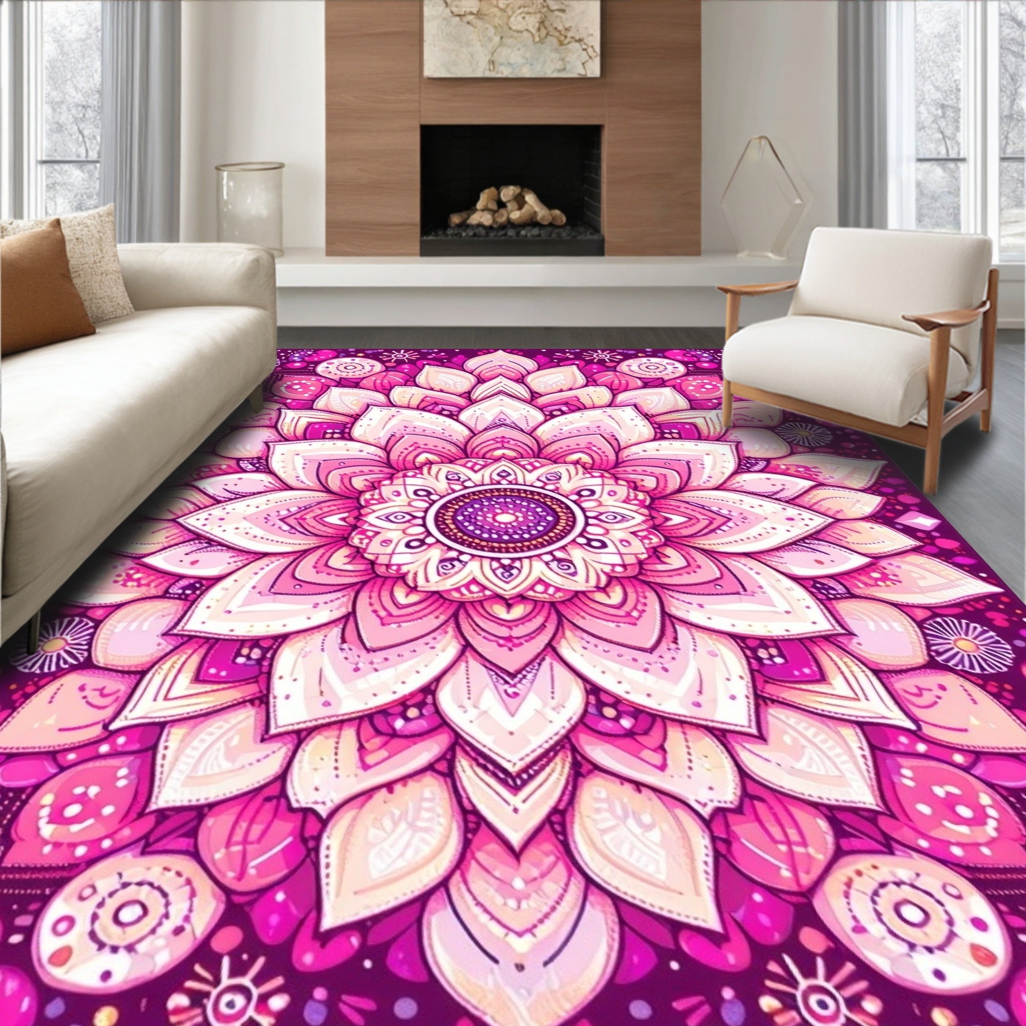 Vibrant Pink Mandala Floral Pattern Rug