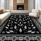 Black White Feathery Floral Pattern Rug